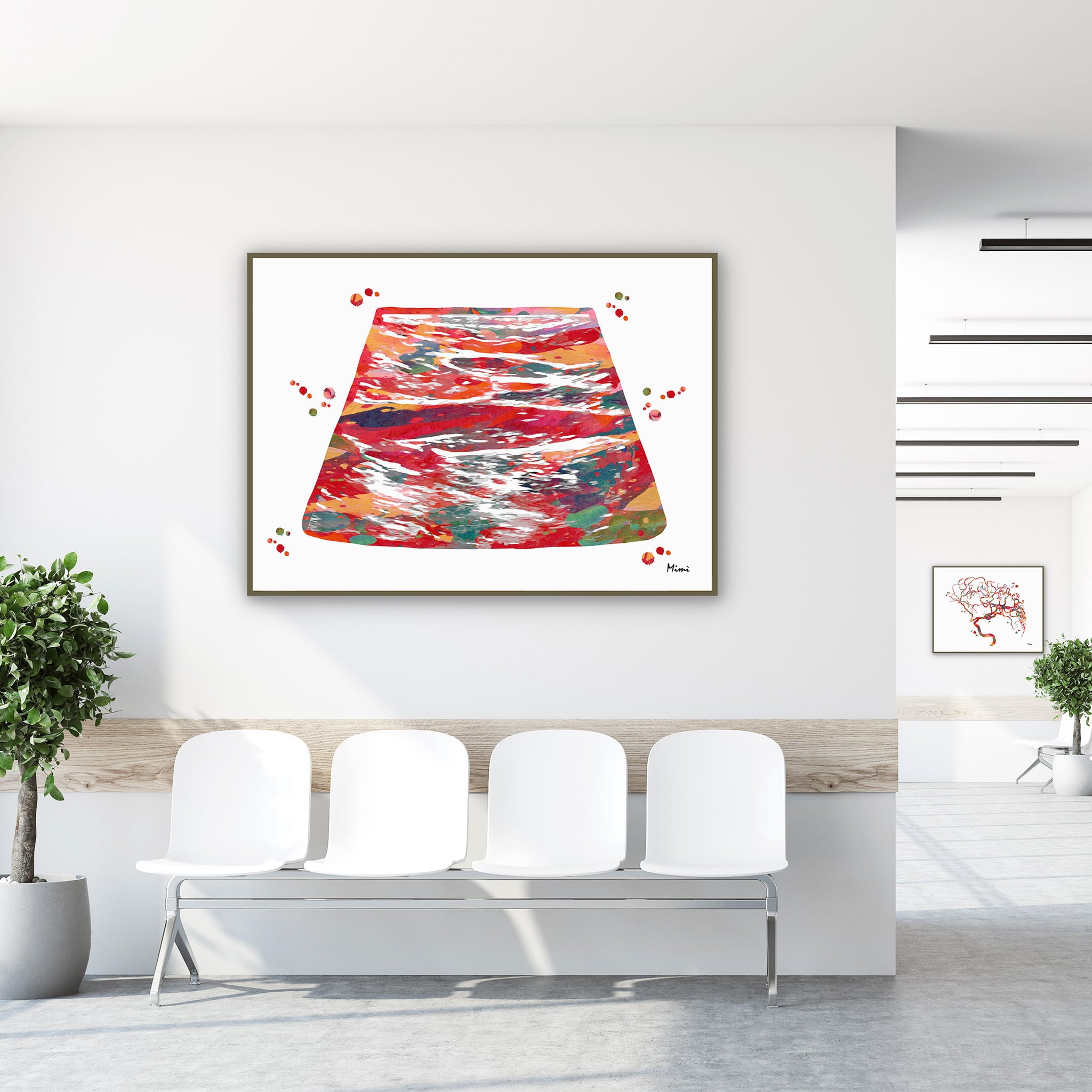Framed venous ultrasound watercolor print in a clinic waiting room