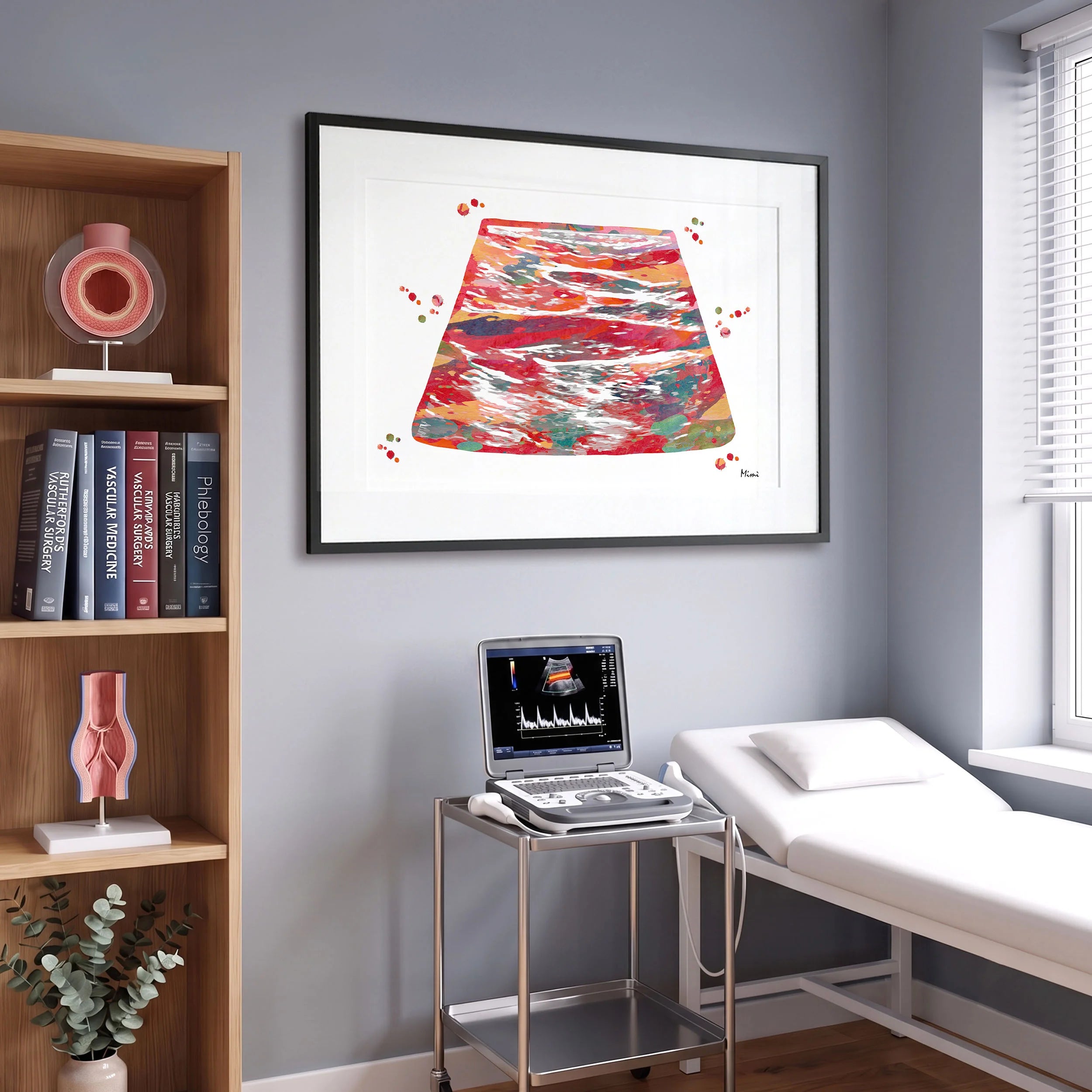 Framed venous ultrasound watercolor print in a vascular clinic