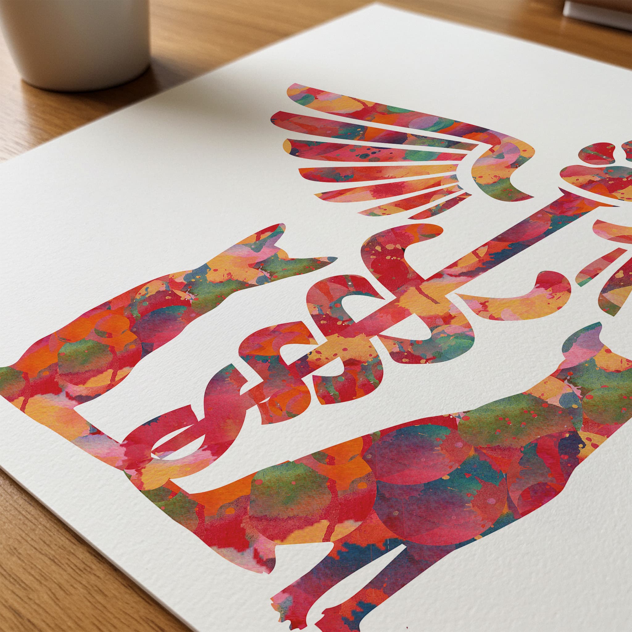 Close-up of vet caduceus cat & dog watercolor print showing paper texture and grain