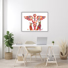 Framed vet caduceus cat & dog watercolor print in a veterinary office