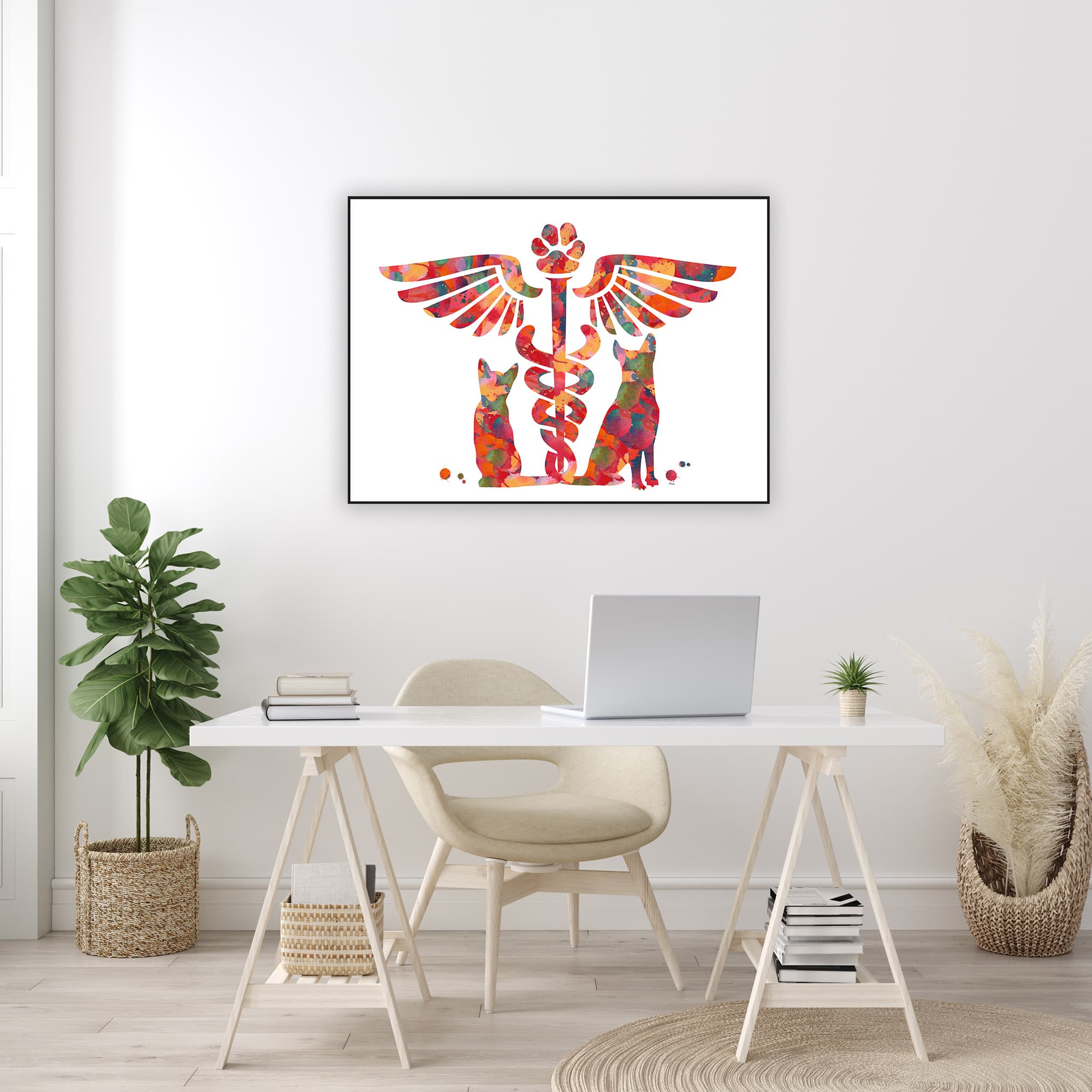 Framed vet caduceus cat & dog watercolor print in a veterinary office