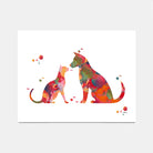 A watercolor art print featuring a dog with a cat in colorful splattered shapes on a white background.