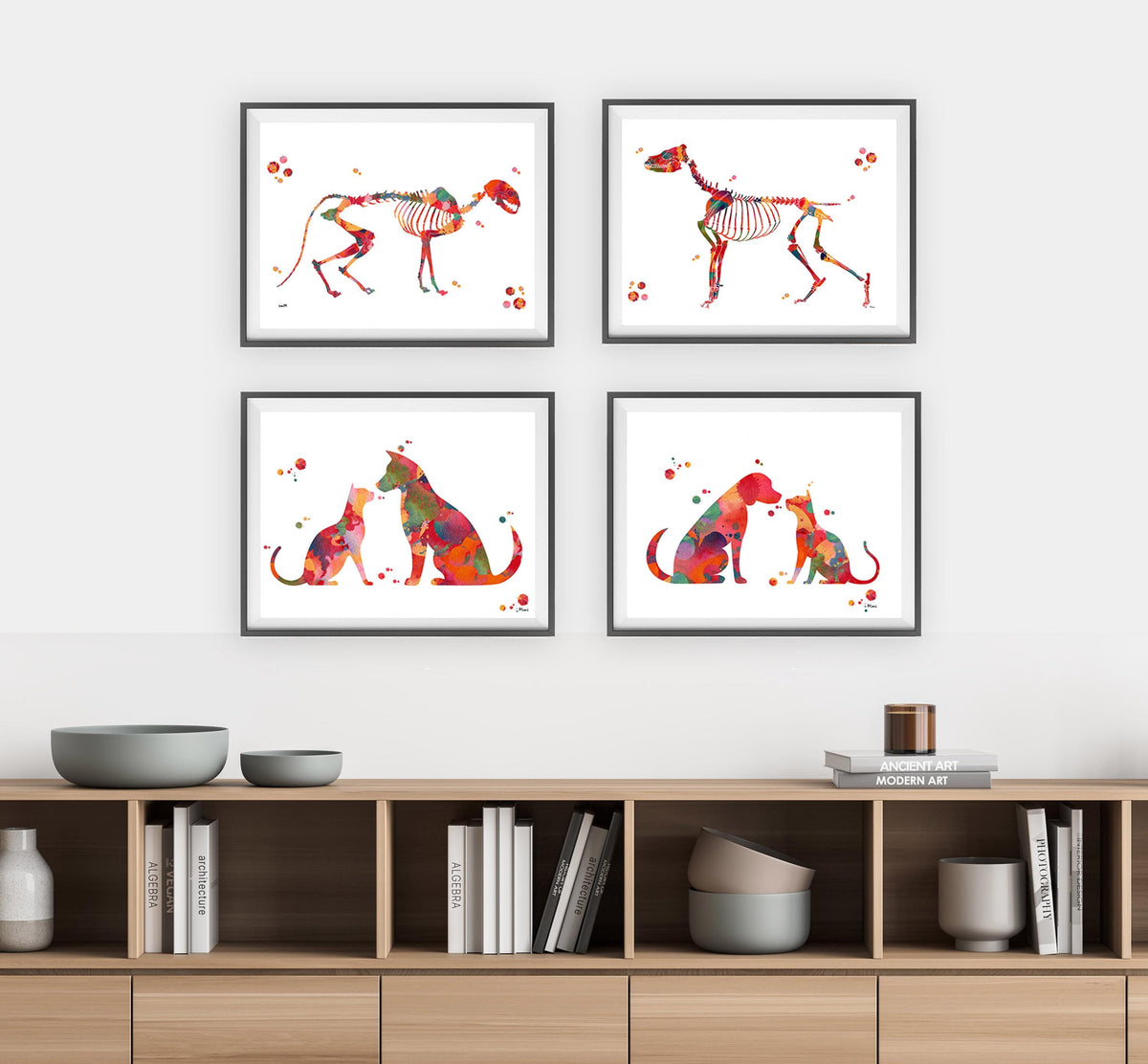 veterinary print set watercolor print hanging in a veterinary clinic corridor