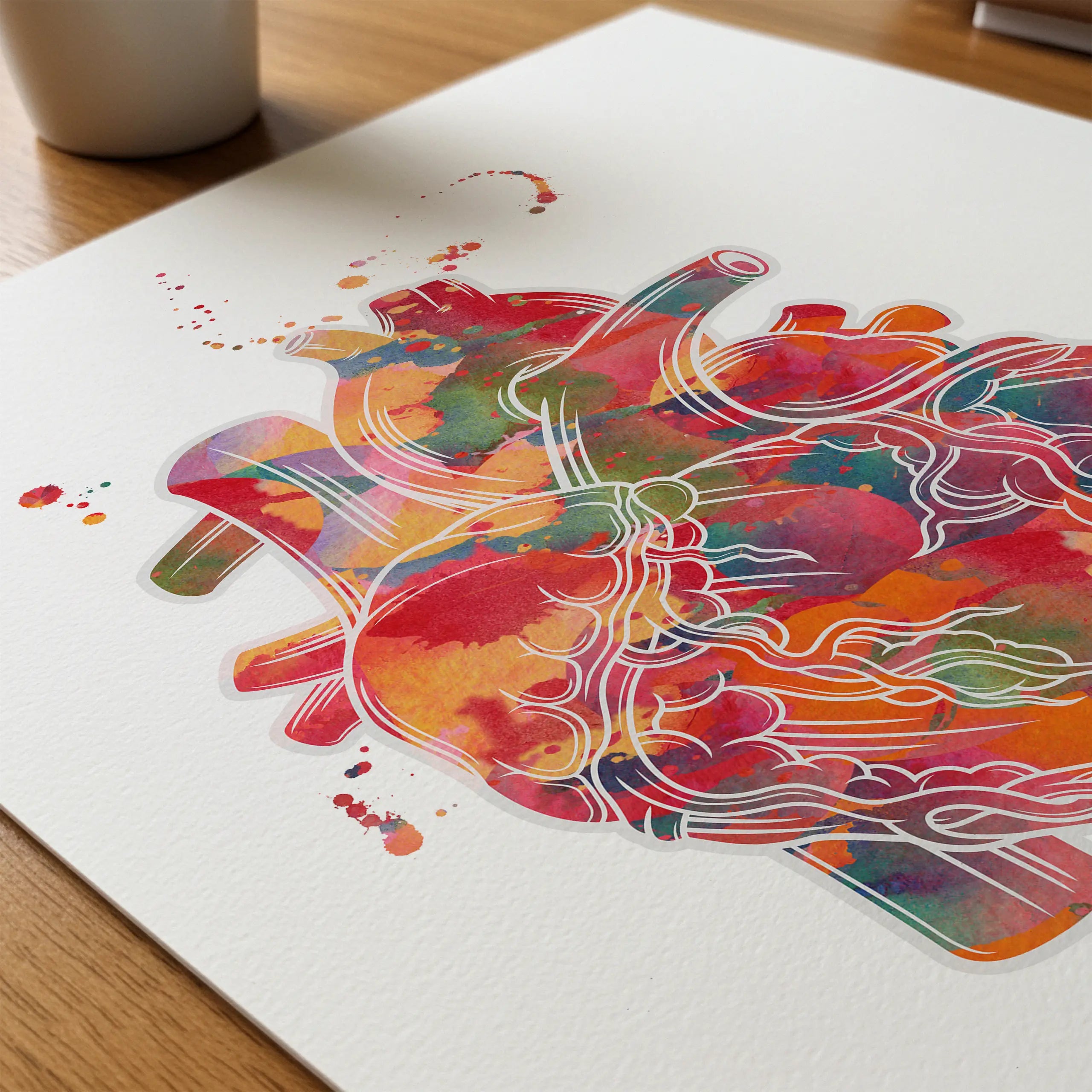 Close-up of vibrant abstract anatomical heart watercolor print showing paper texture and grain
