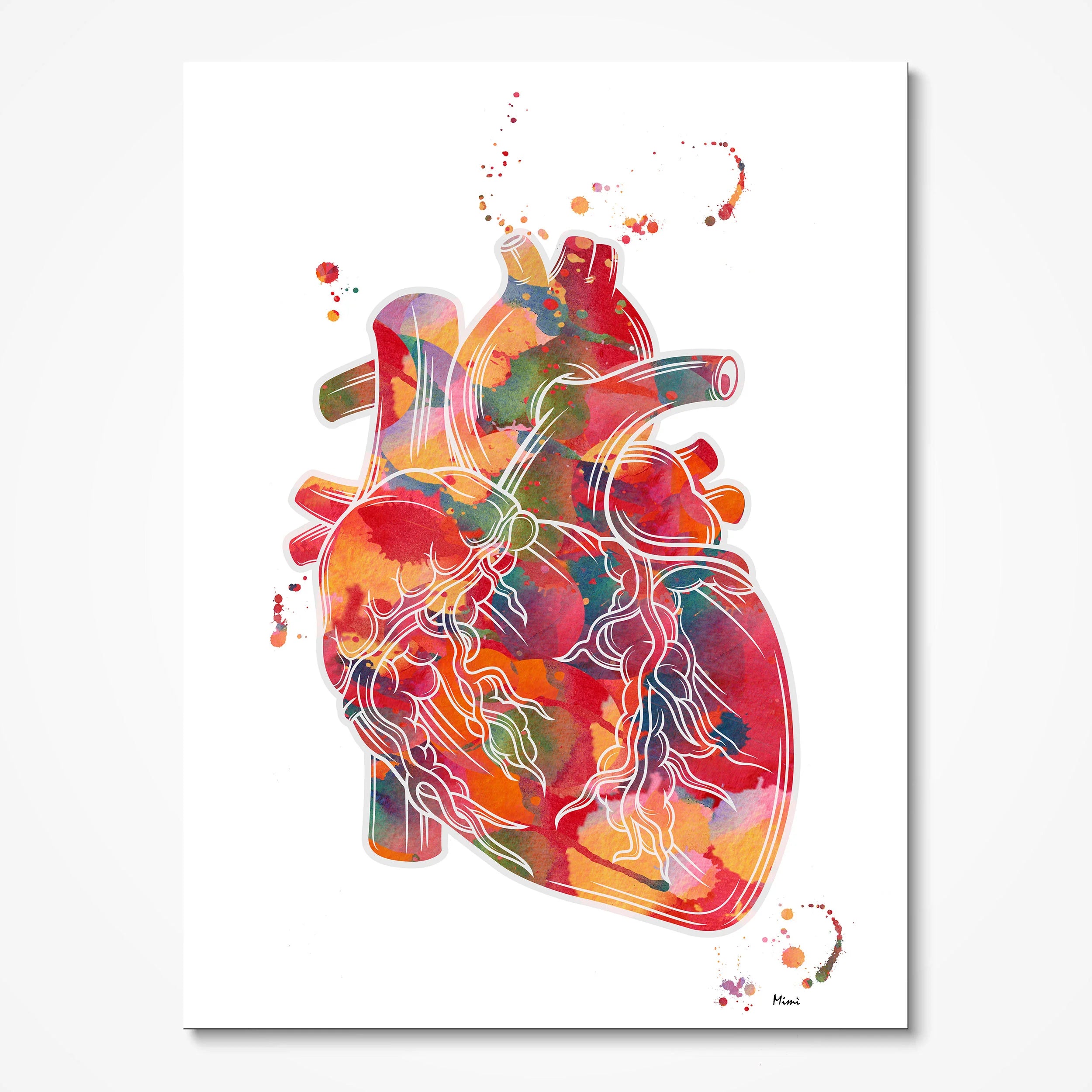 Vibrant abstract anatomical heart watercolor art print for cardiology office wall decor