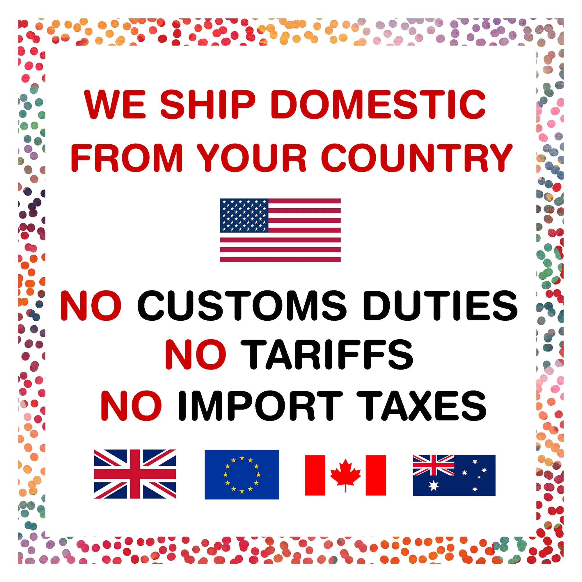 mimiprints no tariffs announcement: they print and ship domestic in the US, CA, AUS, UK. UE
