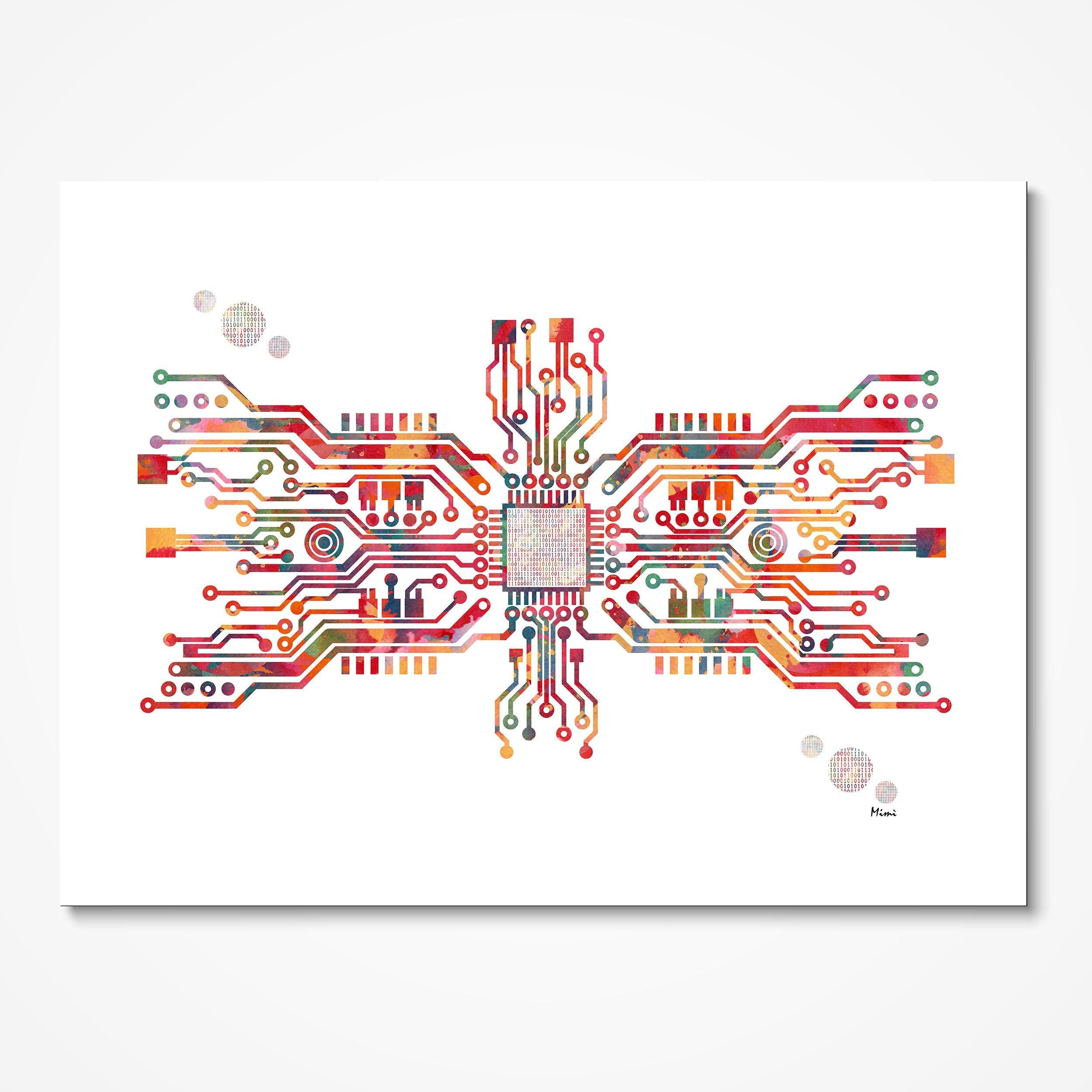 Computer Watercolor Print Circuit Board Poster Motherboard With Binary Code