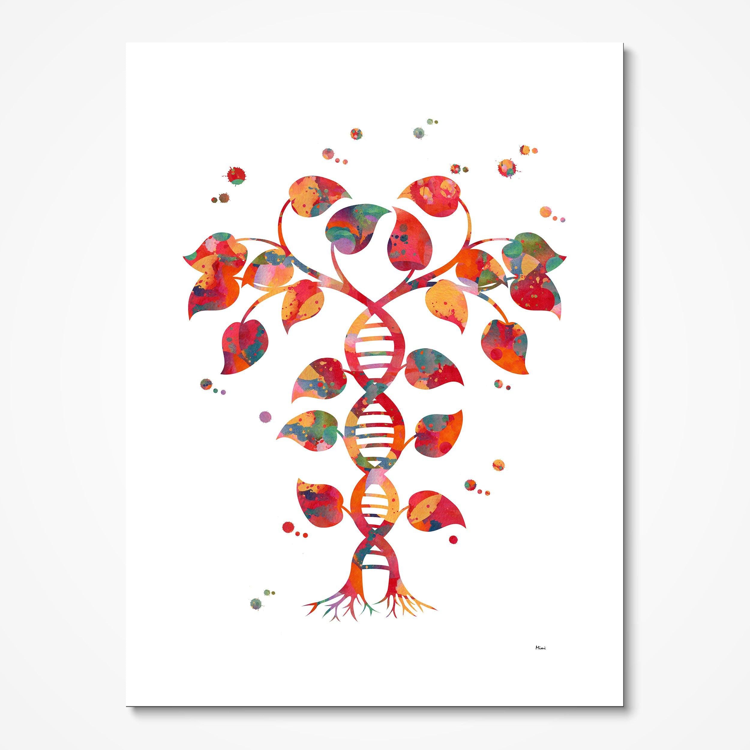 DNA Tree Of Life Watercolor Print Abstract Science Poster Of a Tree With The Dna Helix Trunk
