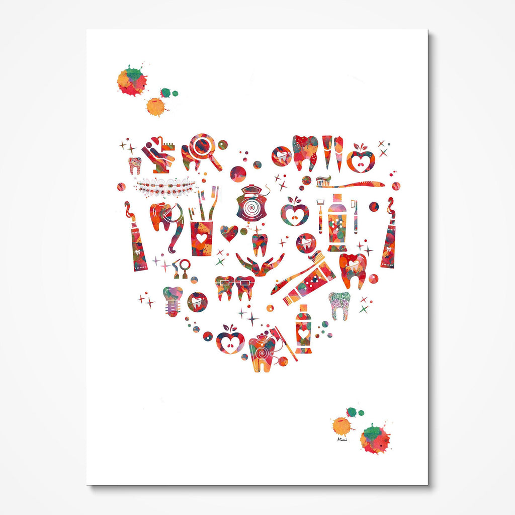 Dental Heart Watercolor Print Dental Care Symbol Oral Care Poster Dentist Clinic Wall Decor