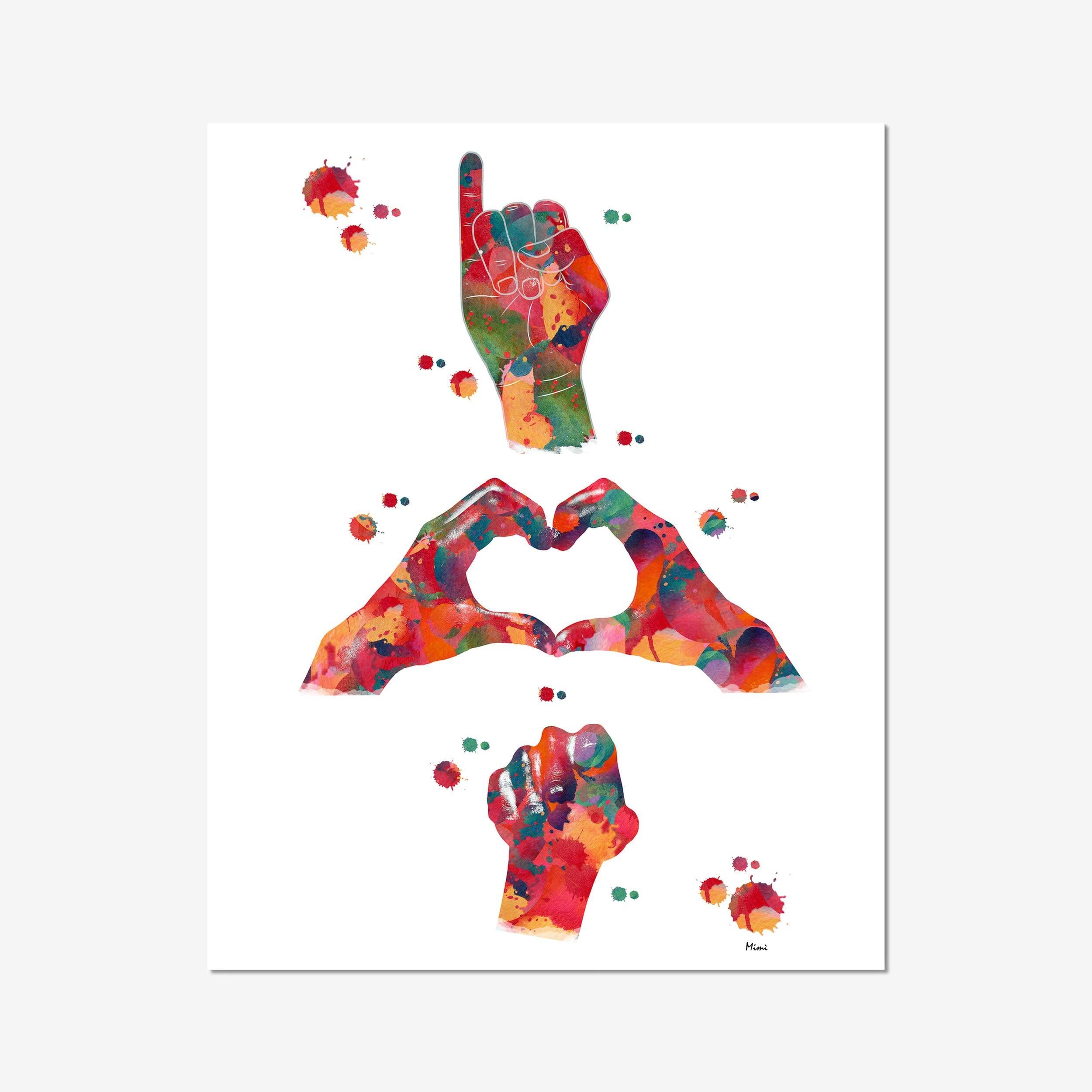 I Love You Sign Language Watercolor Print ASL Audiology Art Poster I Love You Fingerspelling Art Hand Sign Language Print