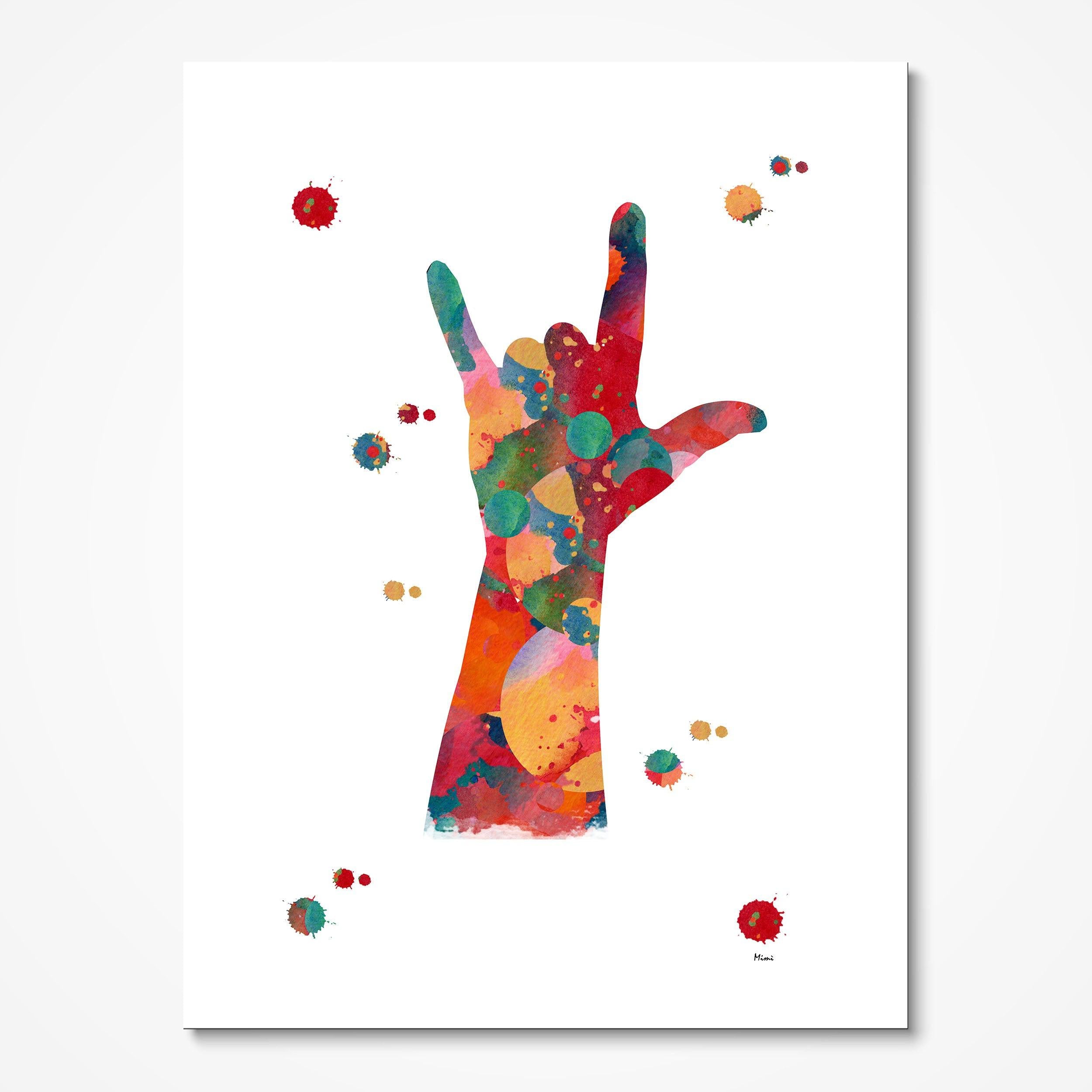 Love Hand Sign Watercolor Print Sign Language symbol of love ASL I Love You Poster