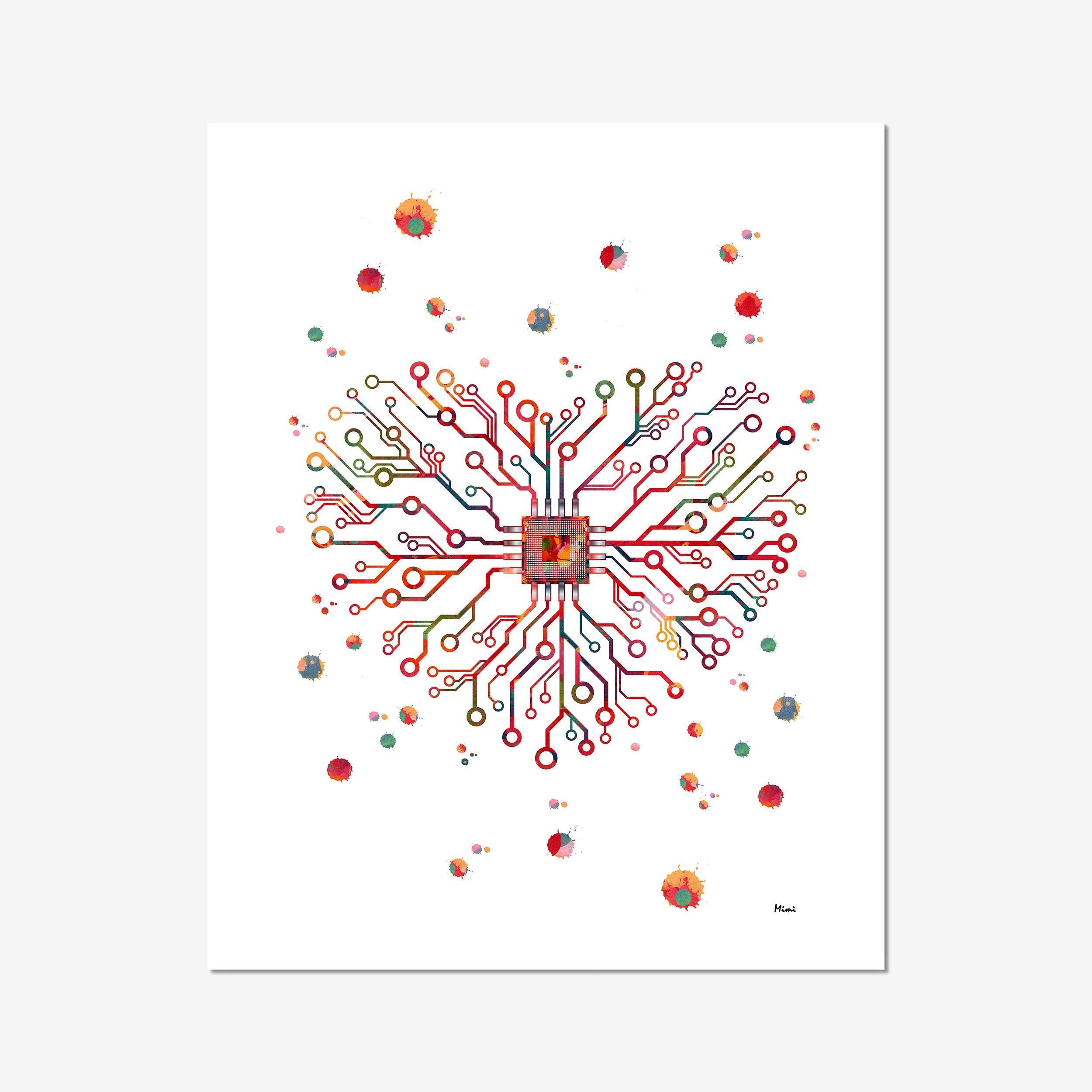 Nerd Heart Science Tech Print Circuit Board Heart Abstract Watercolor