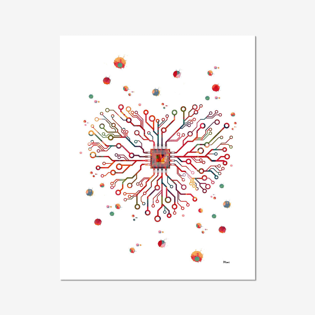 Nerd Heart Science Tech Print Circuit Board Heart Abstract Watercolor