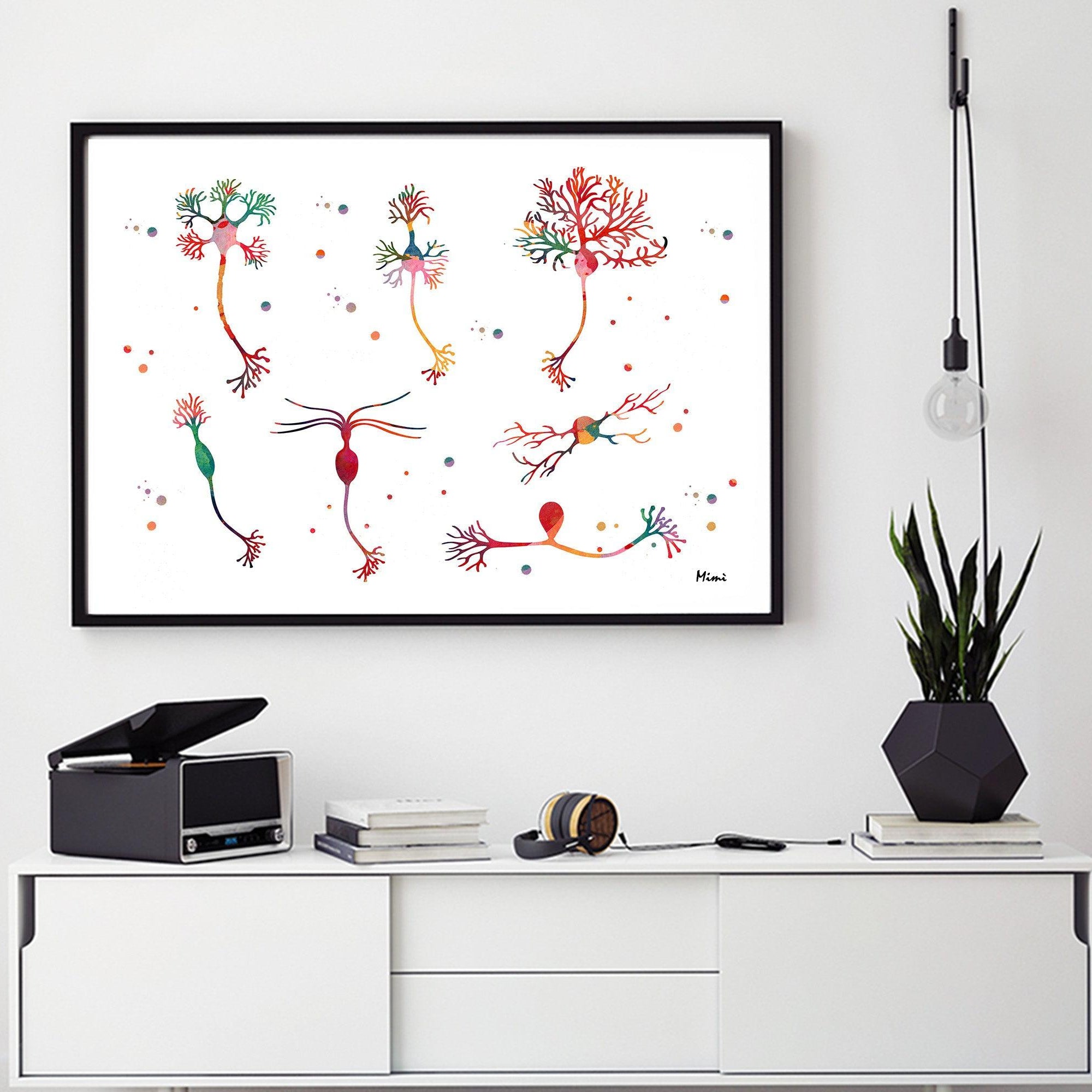 Neuron Cells Types Anatomy Art Watercolor Print Medical Illustration Clinic Wall Decor
