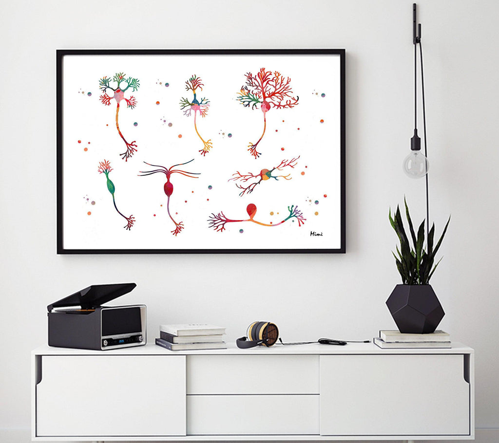Neuron Cells Types Anatomy Art Watercolor Print Medical Illustration Clinic Wall Decor