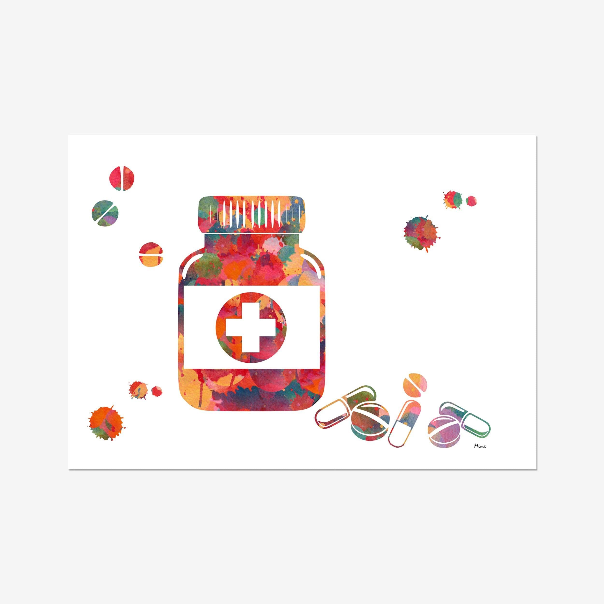 Pharmacy Print Prescription Pill Bottle Watercolor Poster Pharmacy Office Decor Pharmacyst Gift