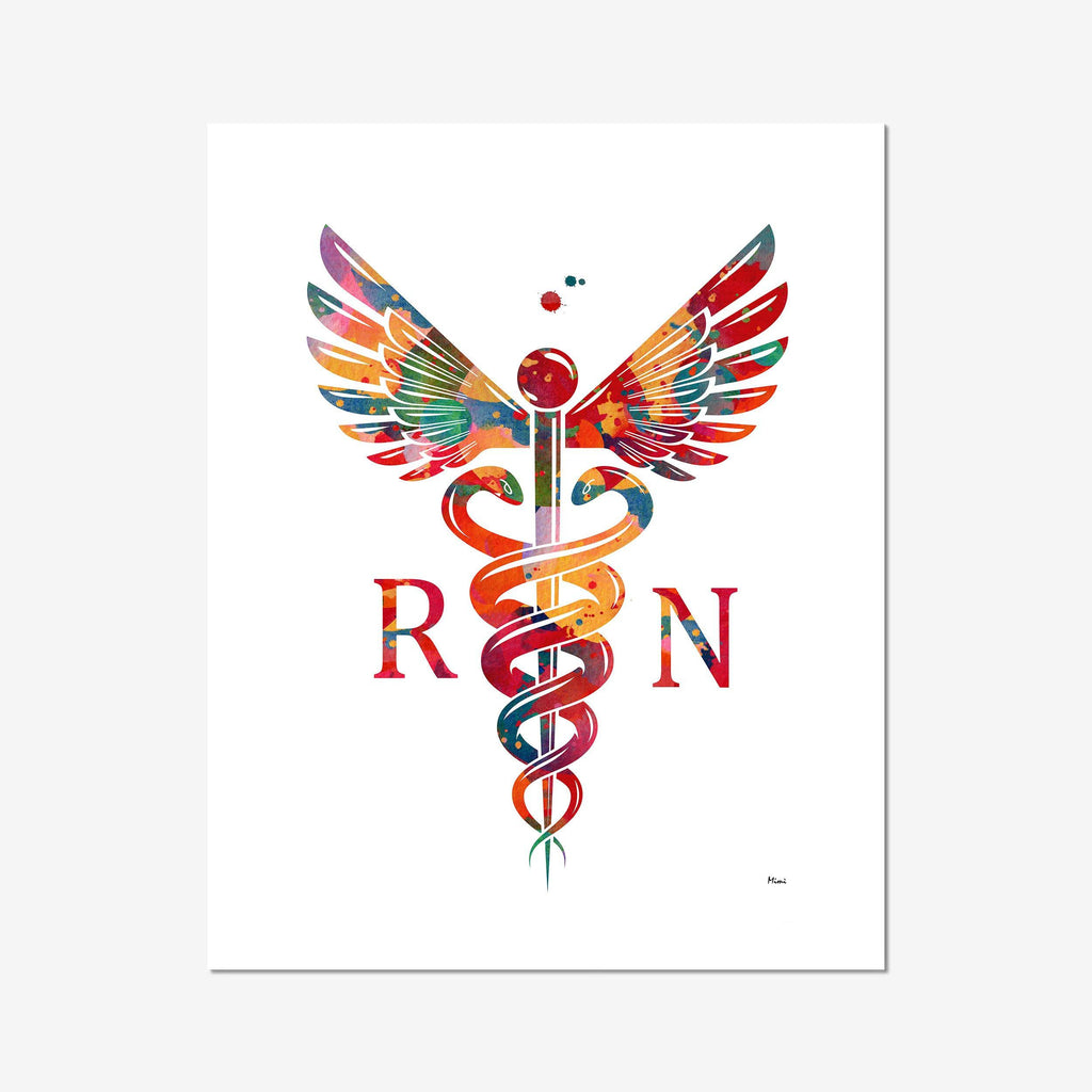 RN Registered Nurse Caduceus Watercolor Print Medical Profession Wall Decor