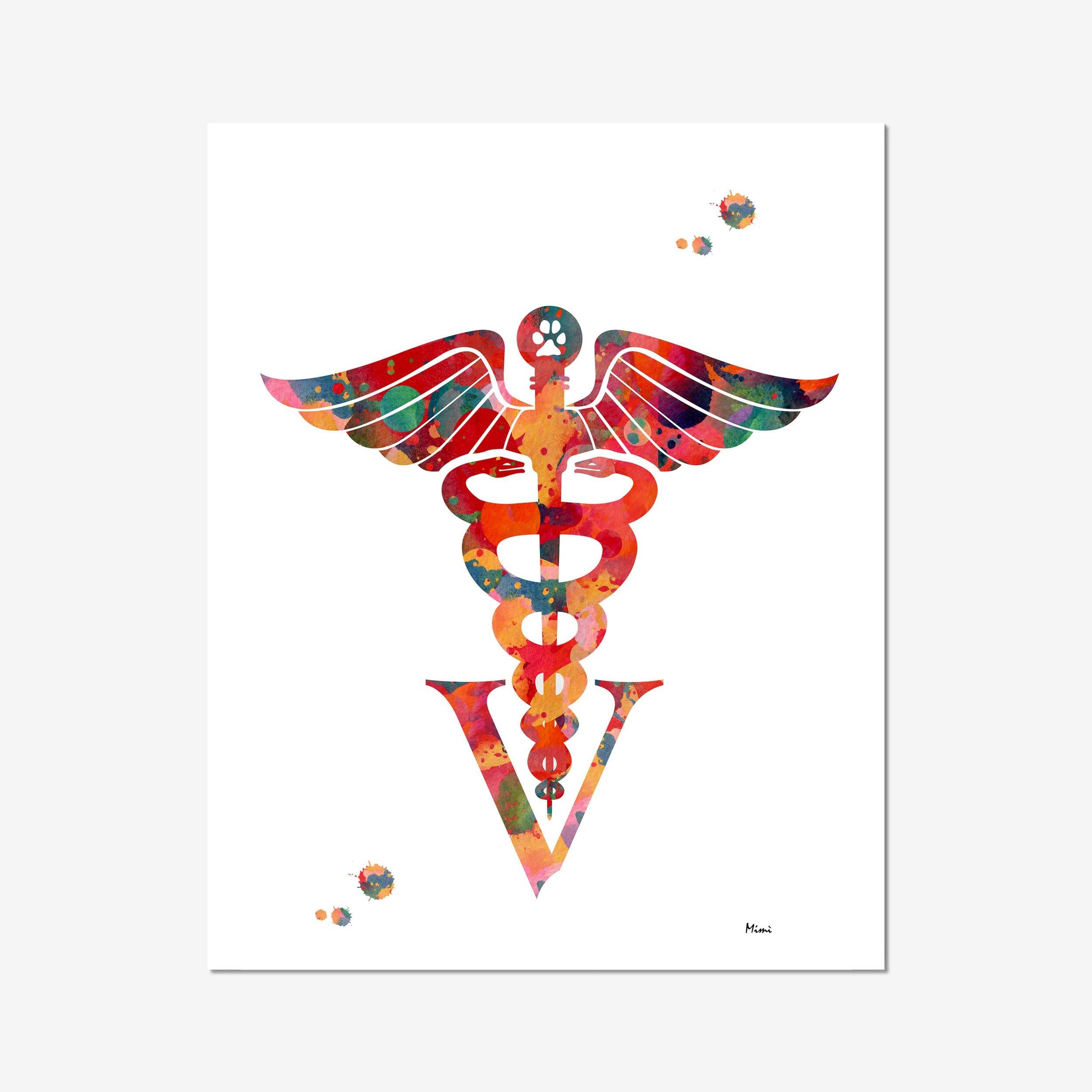 Veterinary Caduceus Watercolor Print Veterinary Clinic Medical Symbol Poster