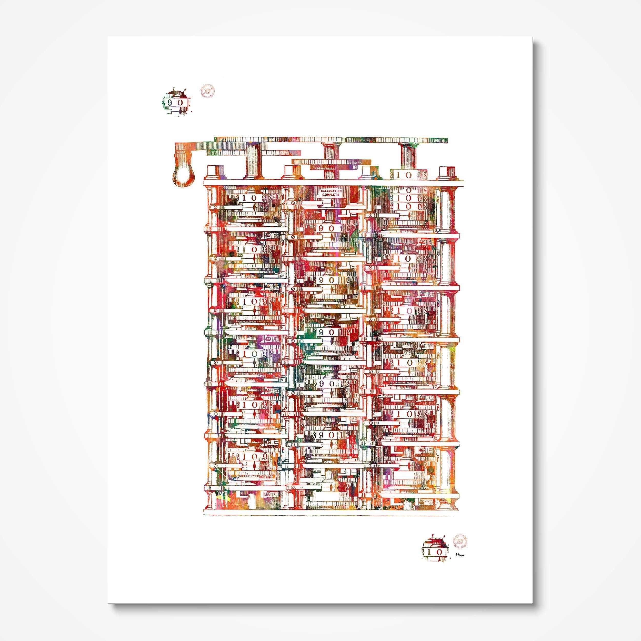 Babbage Analytical Engine watercolor art print for technology office wall decor