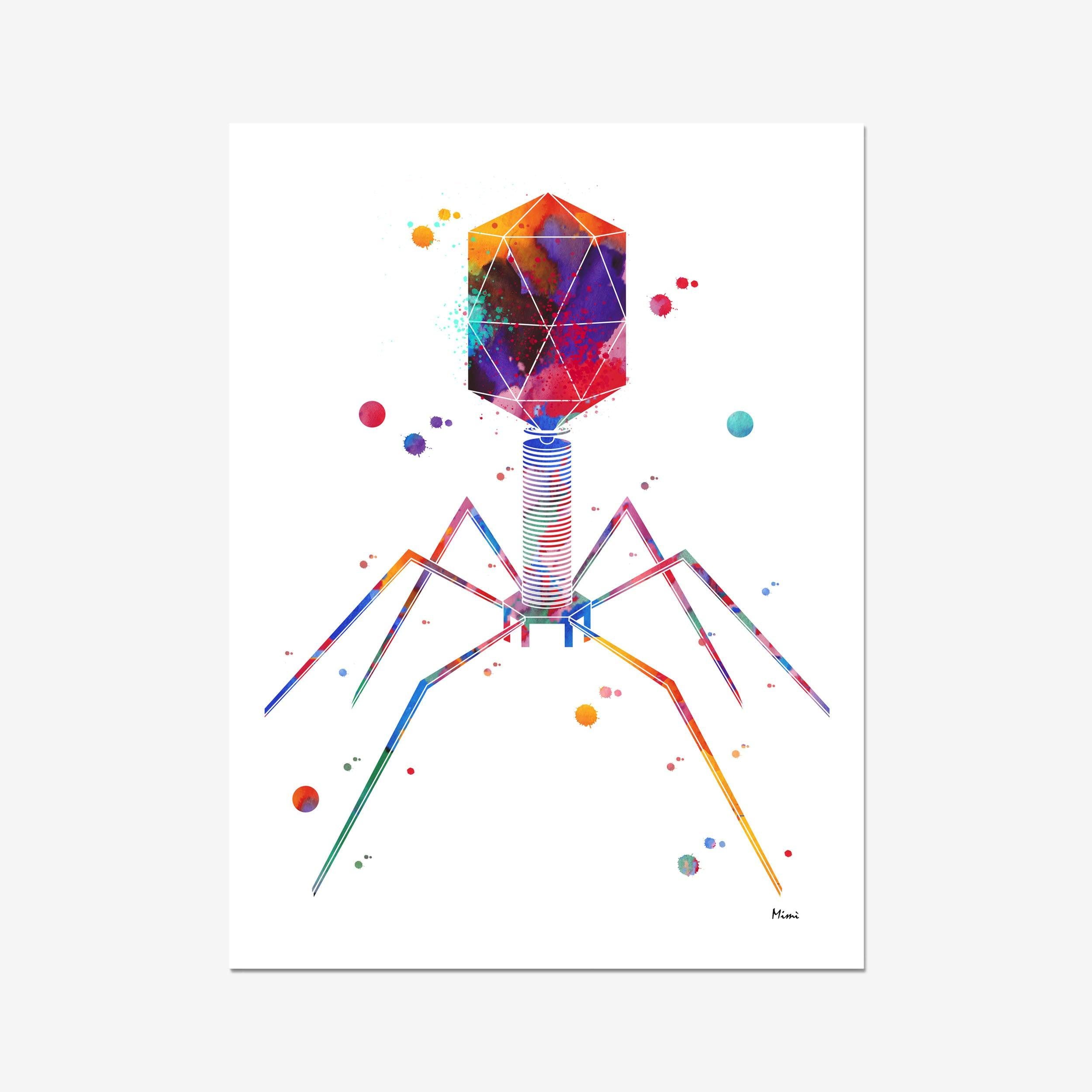 Bacteriophage watercolor art print for virology lab wall decor