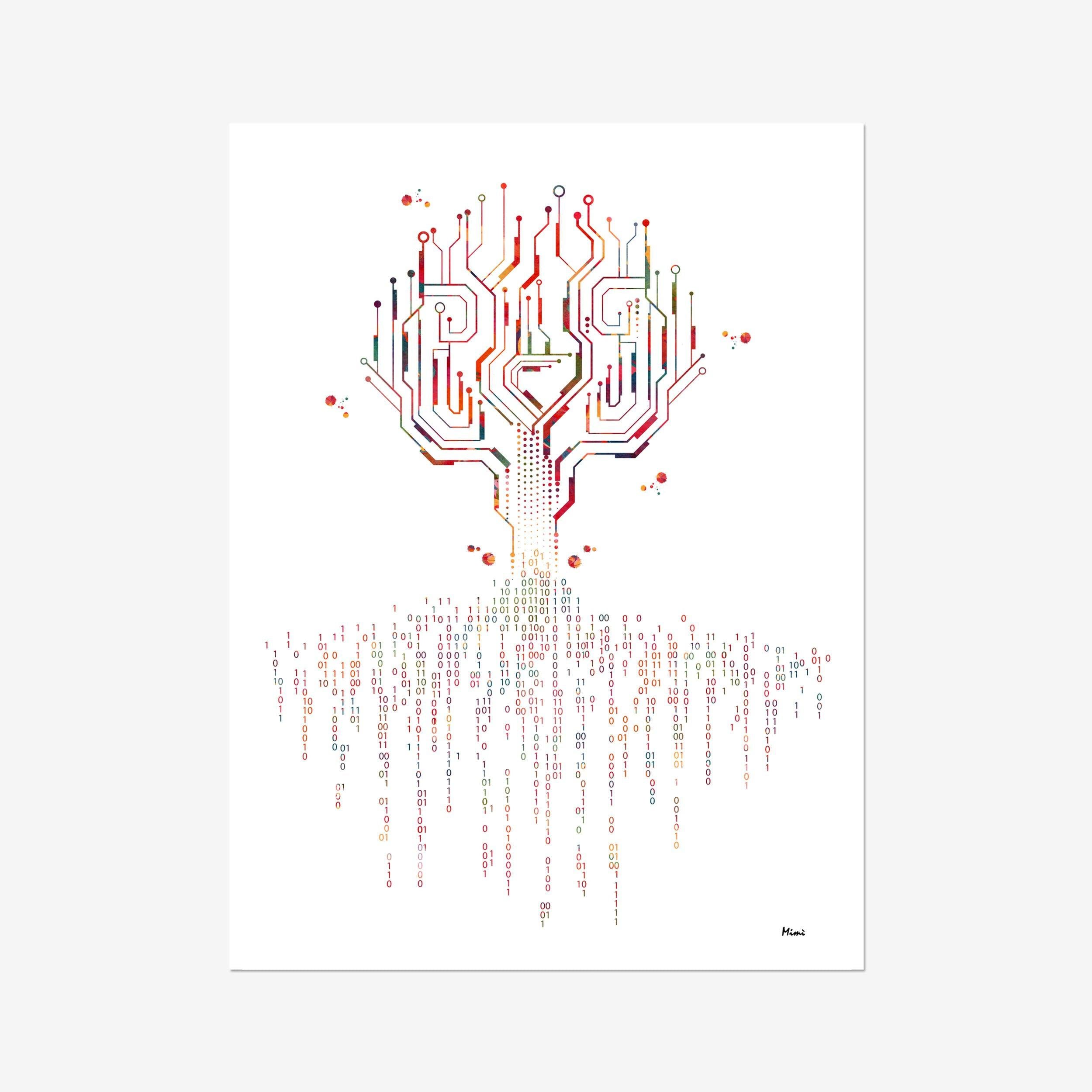 Binary Code Tree watercolor art print for technology office wall decor