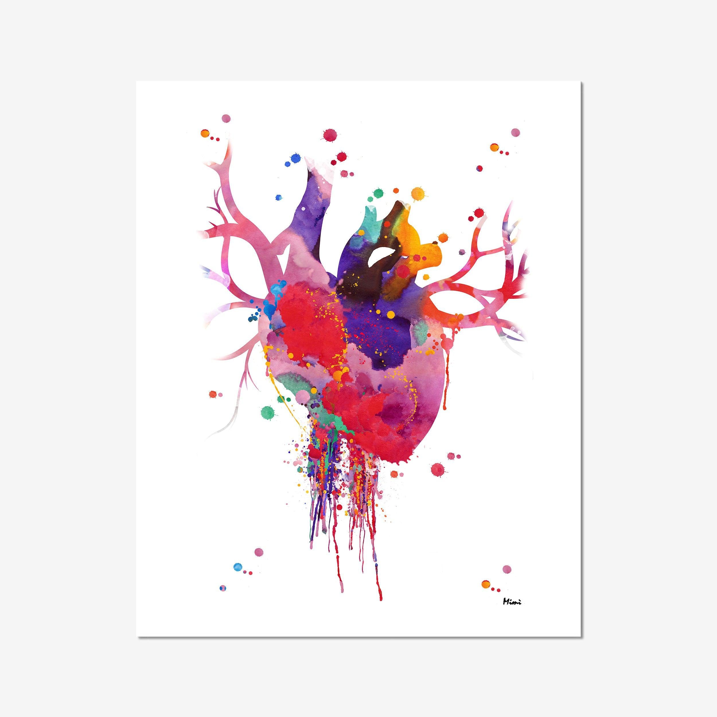 Bold modern anatomical heart watercolor art print for cardiology clinic wall decor