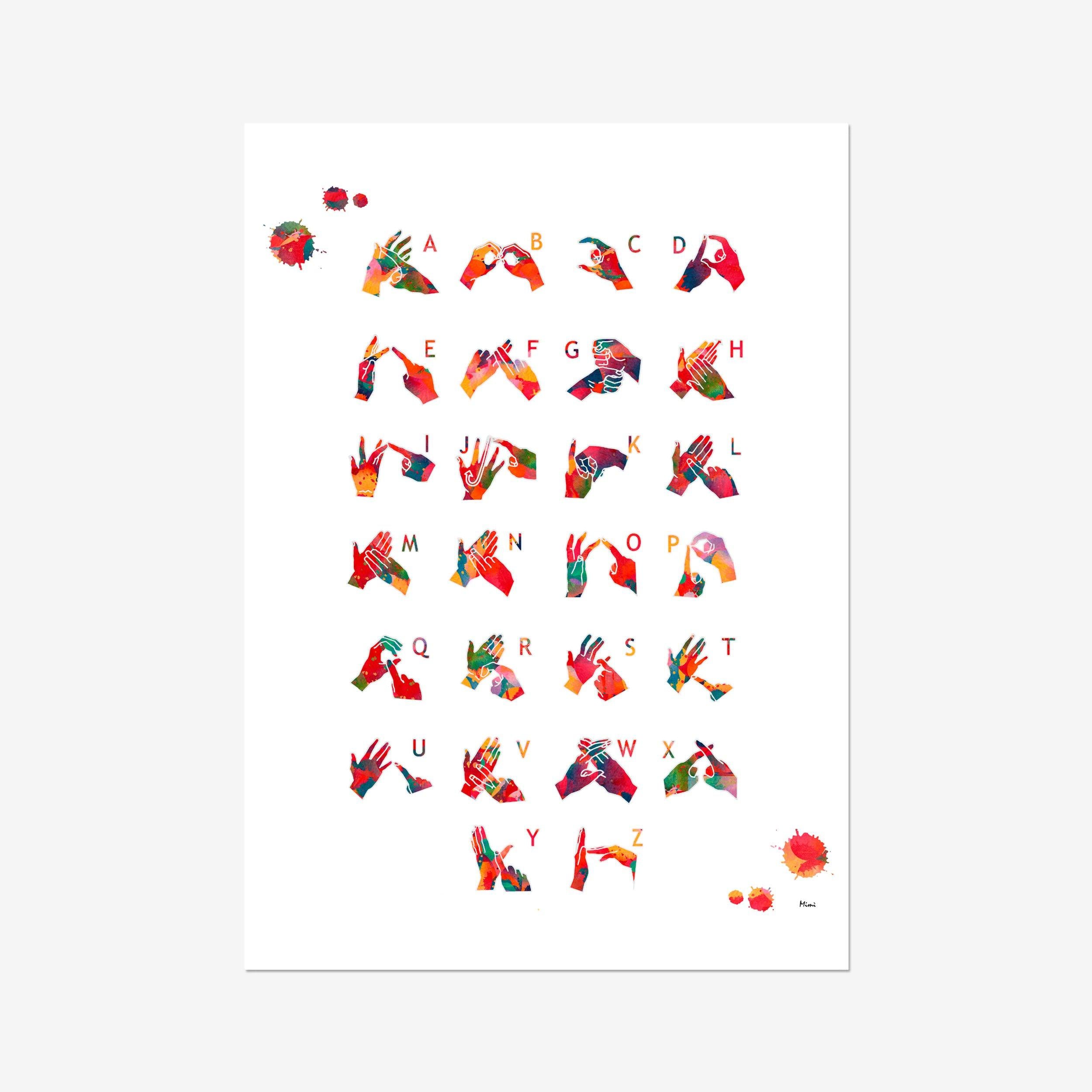 BSL Alphabet watercolor art print for audiology clinic wall decor