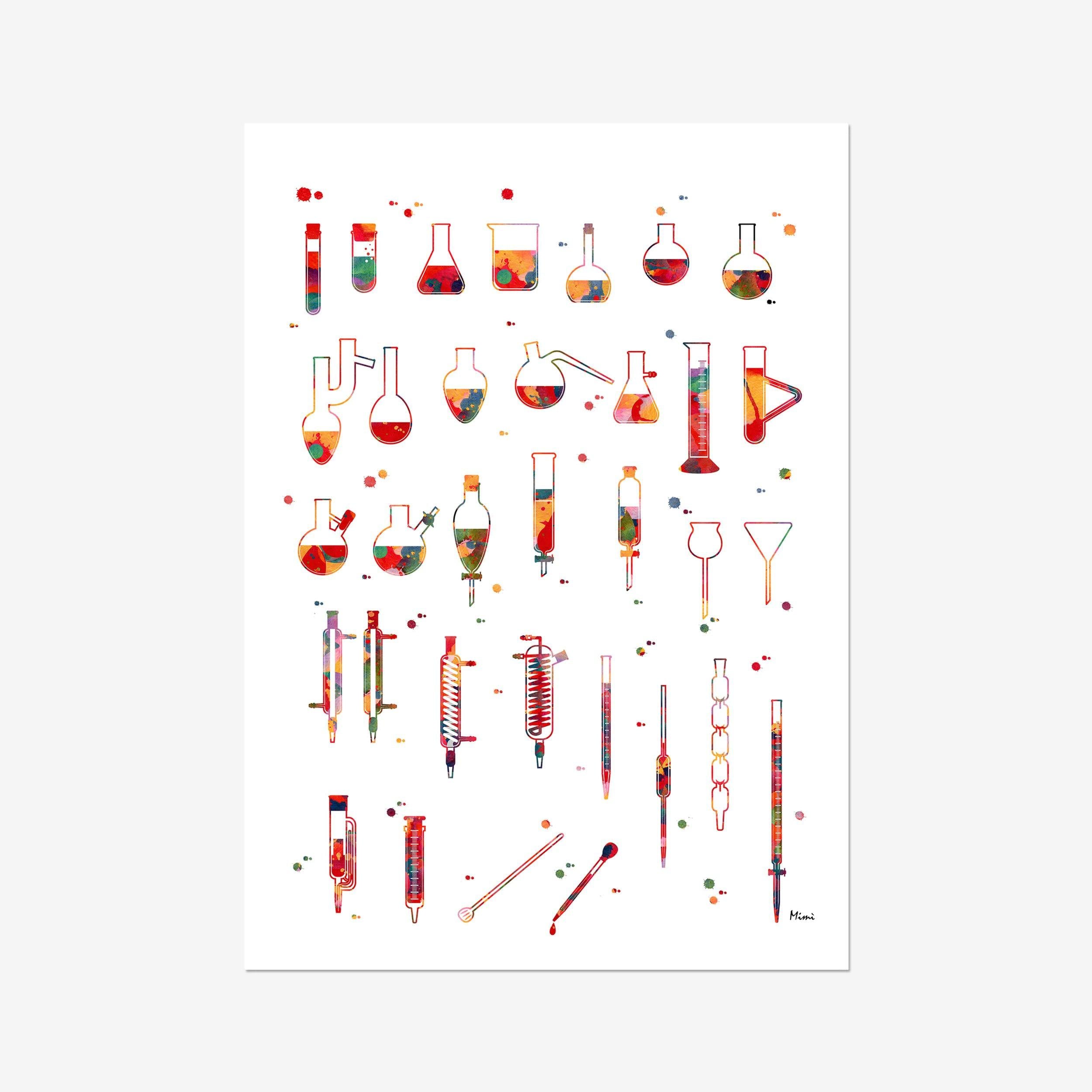 Chemistry Lab Glassware watercolor art print for chemistry lab wall decor