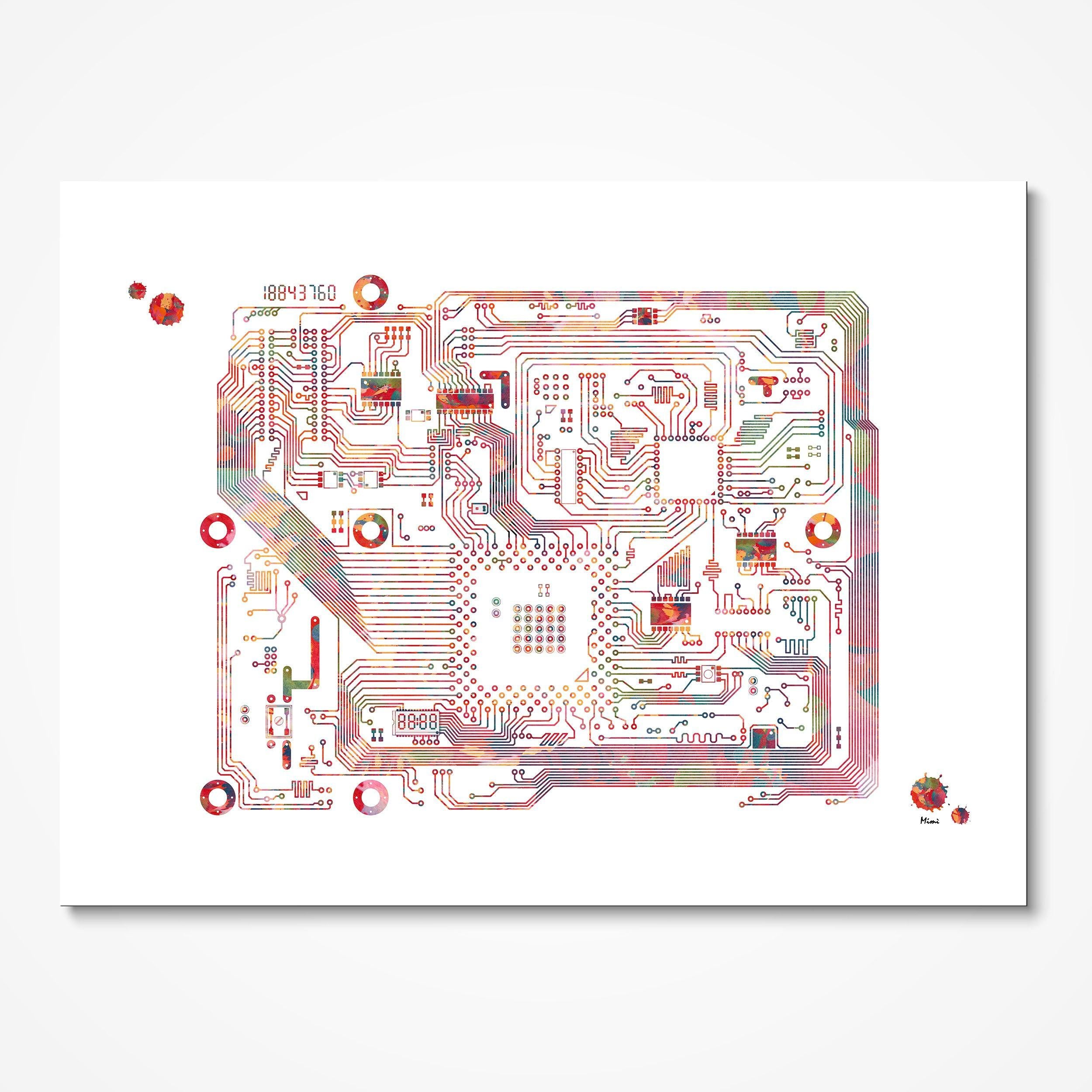 Circuit Board watercolor art print for technology office wall decor