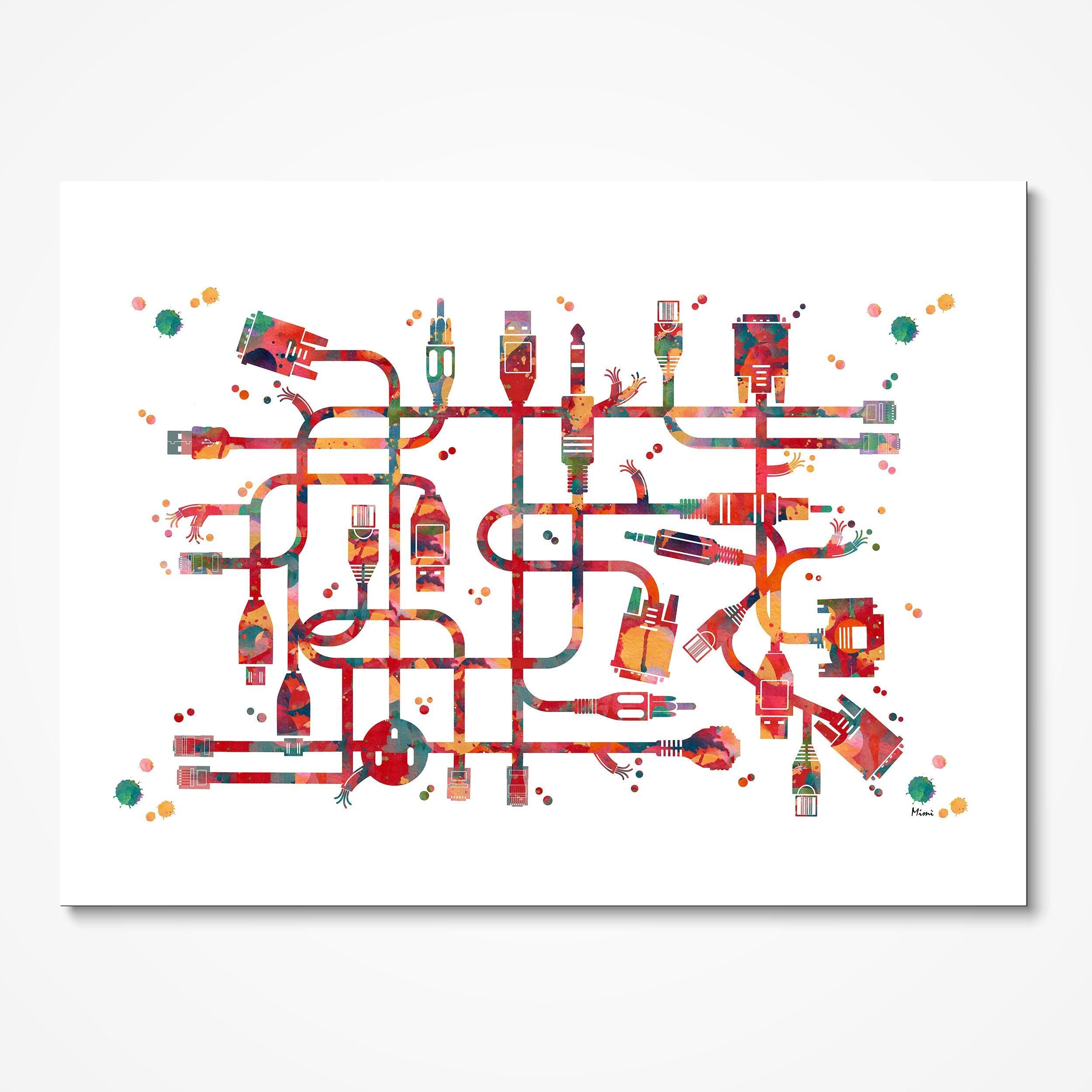 Computer Network watercolor art print for technology office wall decor