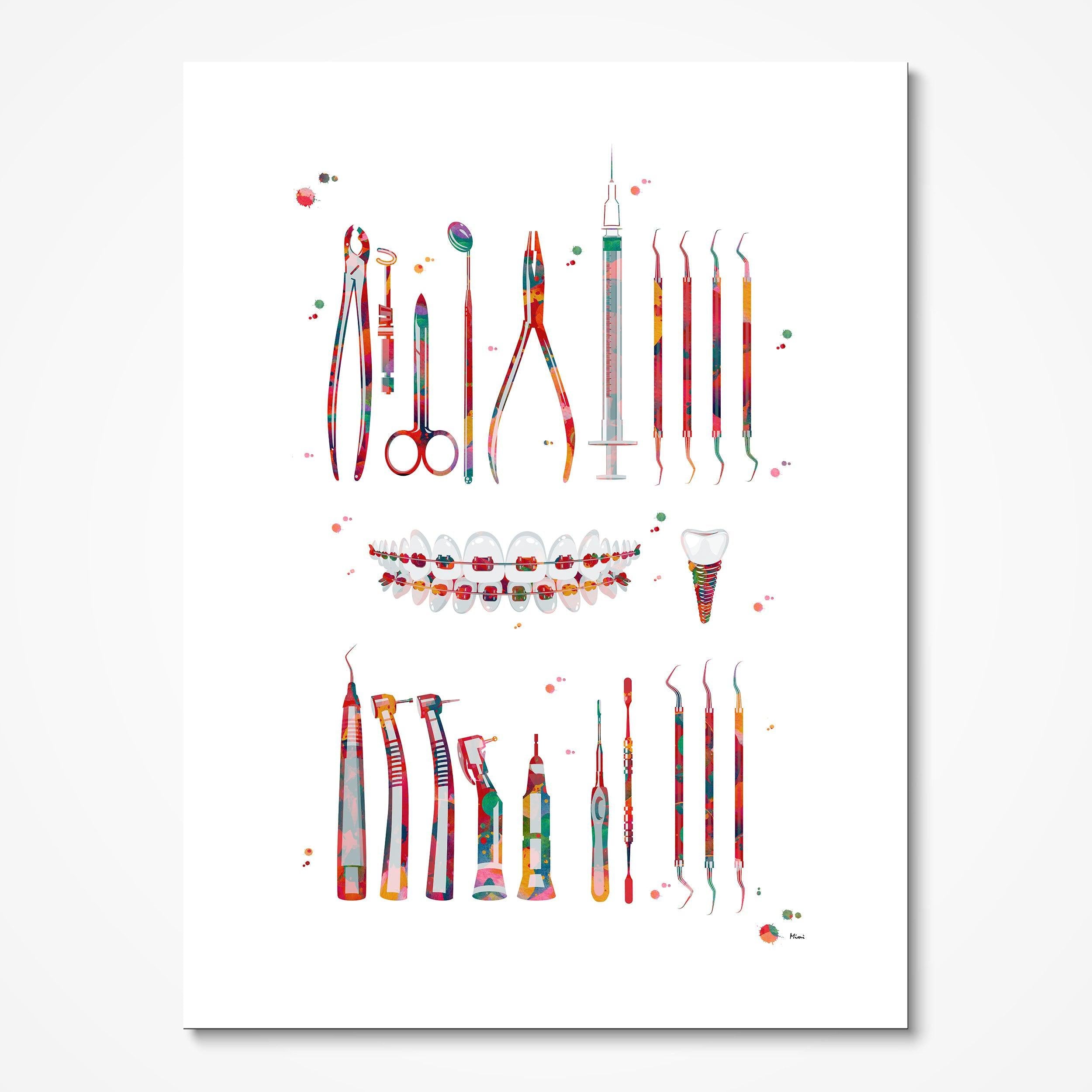 Dental Instruments watercolor art print for dental clinic wall decor