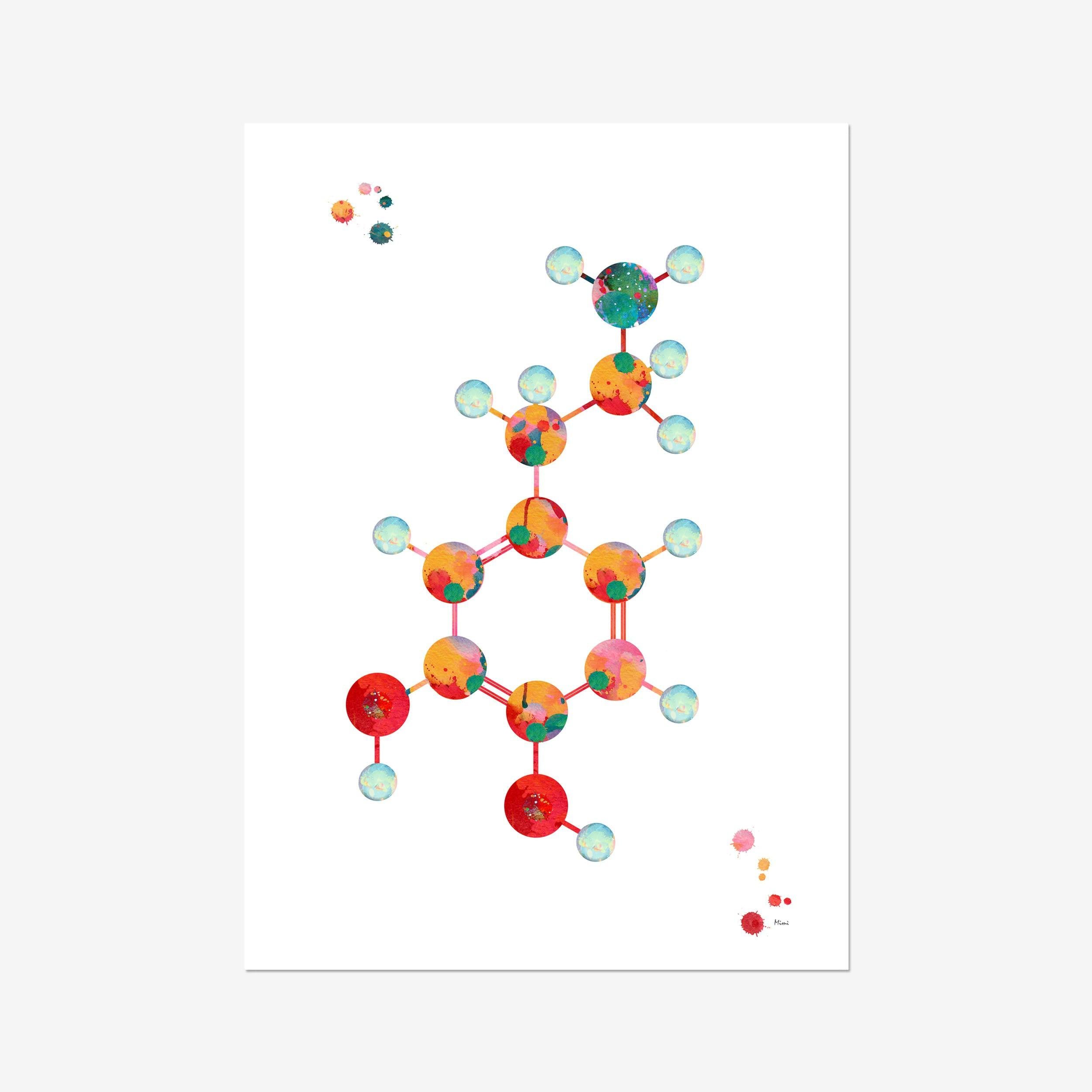 Dopamine Molecular Structure watercolor art print for science lab wall decor