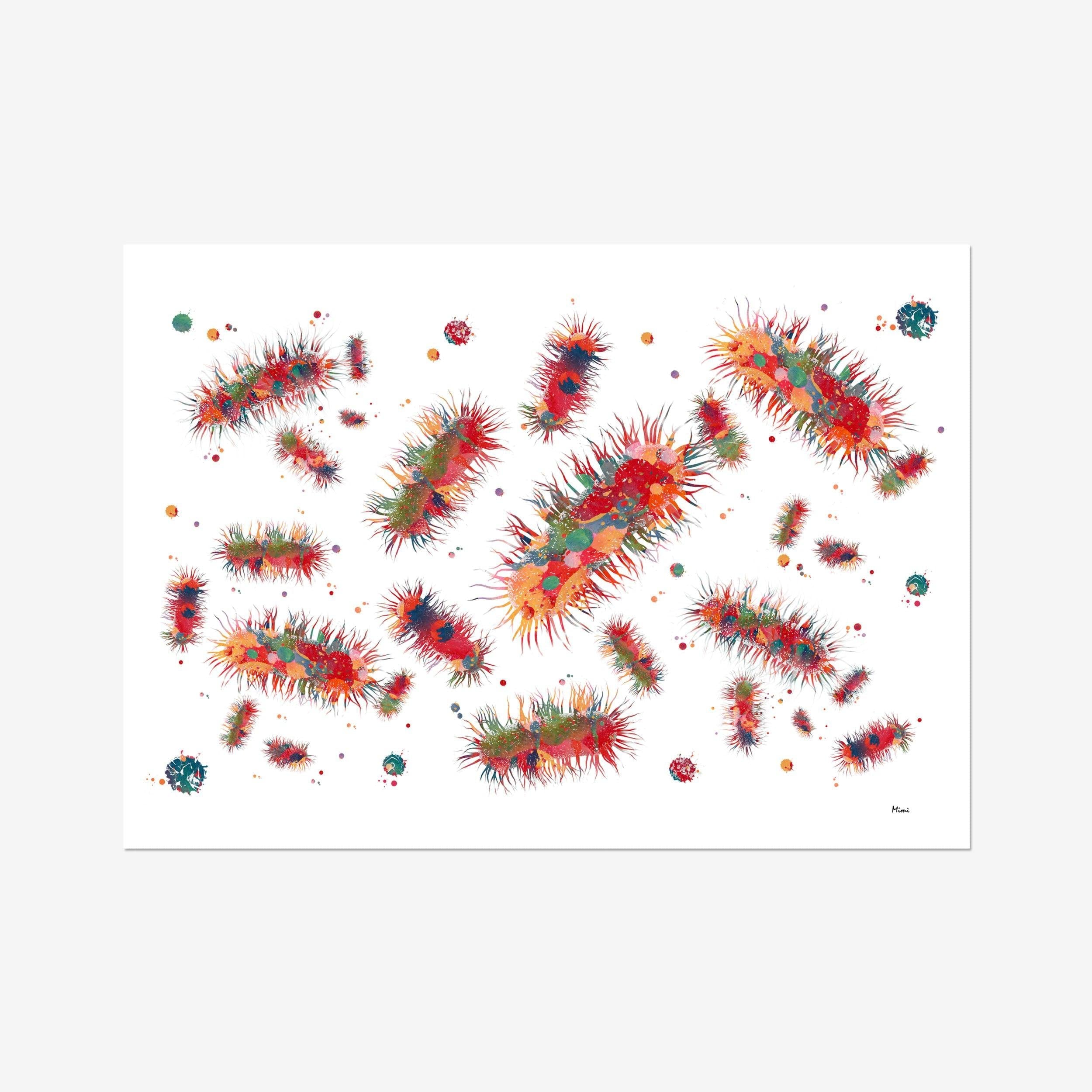 Escherichia Coli (E. coli) watercolor art print for microbiology lab wall decor