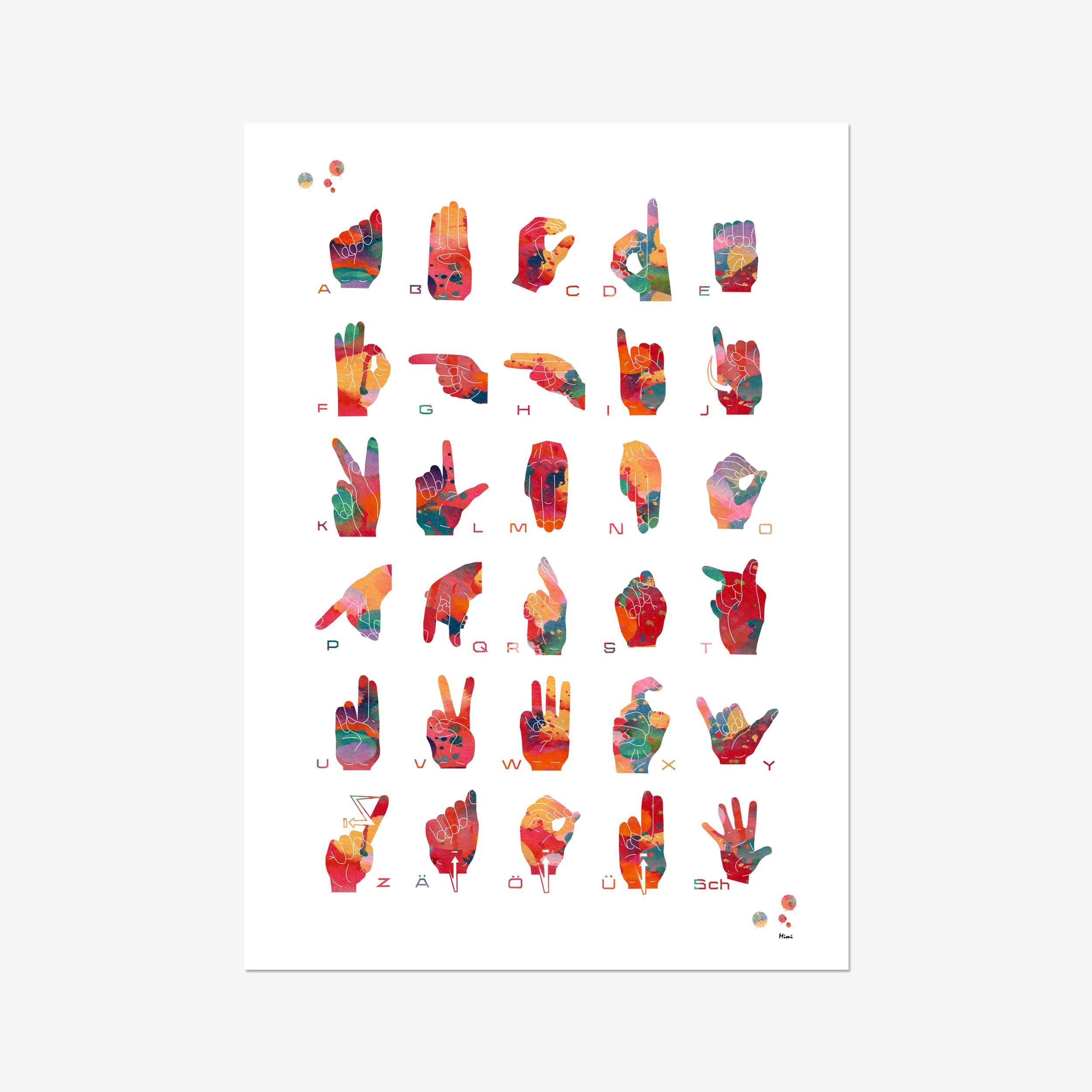 German Fingerspelling Alphabet watercolor art print for audiology clinic wall decor