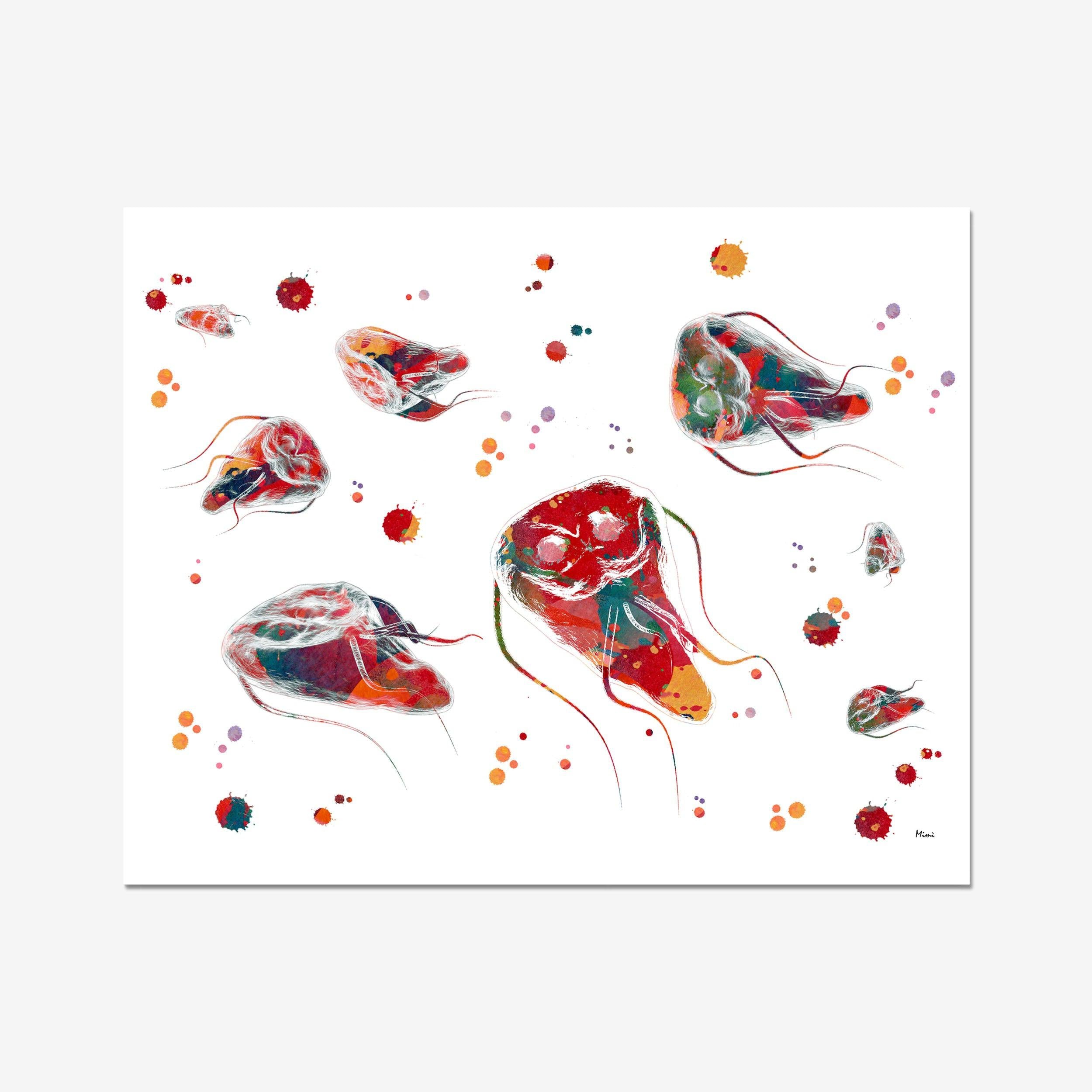 Giardia Lamblia Parasite watercolor art print for microbiology lab wall decor