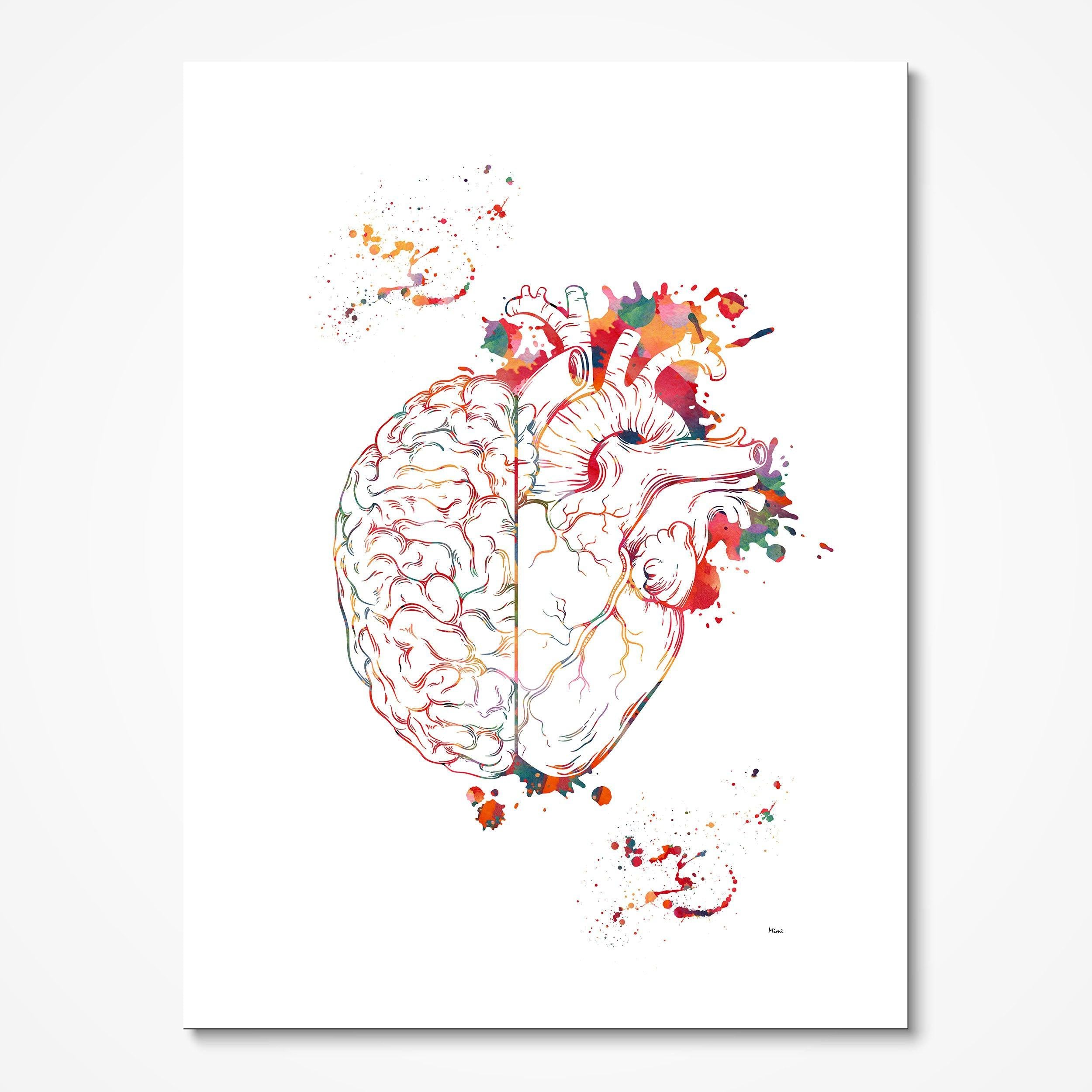 Heart & Brain Balance watercolor art print for psychology office wall decor
