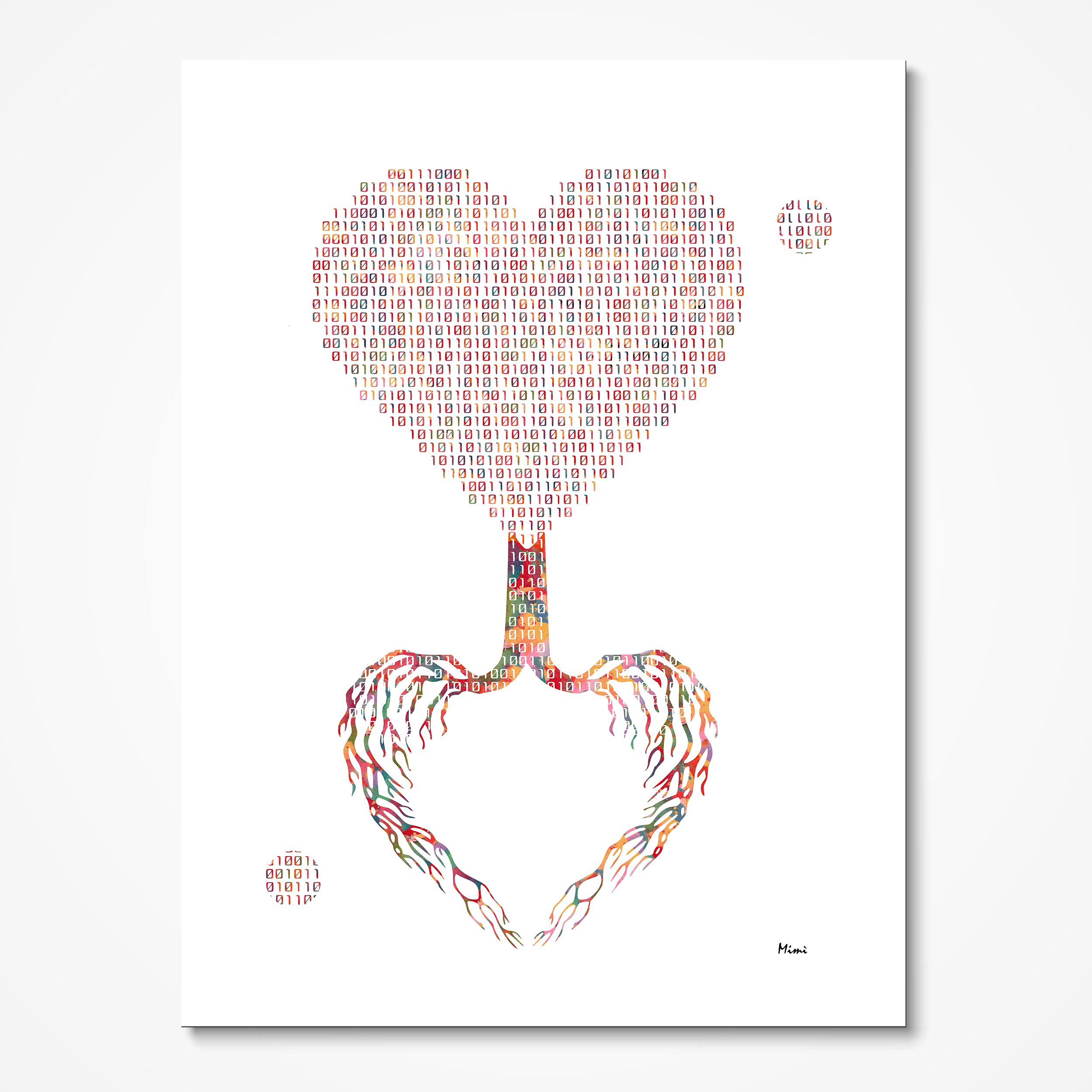 Abstract Heart Tree With Binary Code Watercolor Print