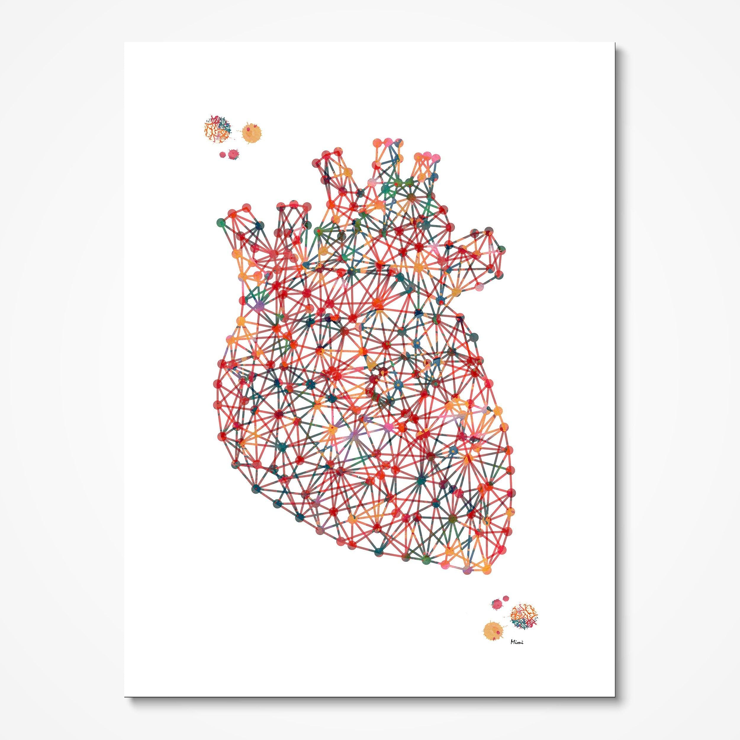 Minimalist geometric anatomical heart watercolor art print for modern cardiology wall decor