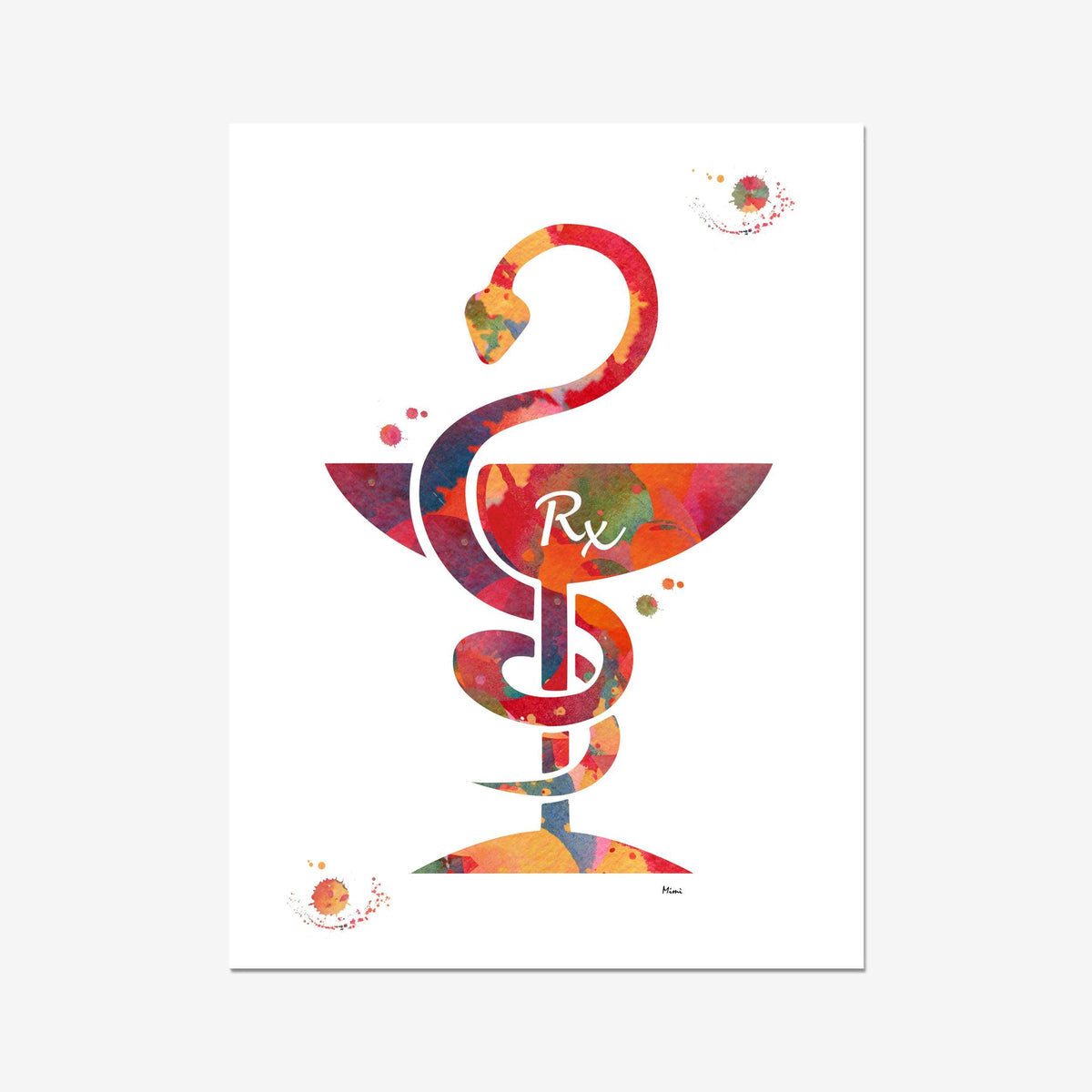 Rx Caduceus watercolor art print for Pharmacy School Graduation Gift wall decor