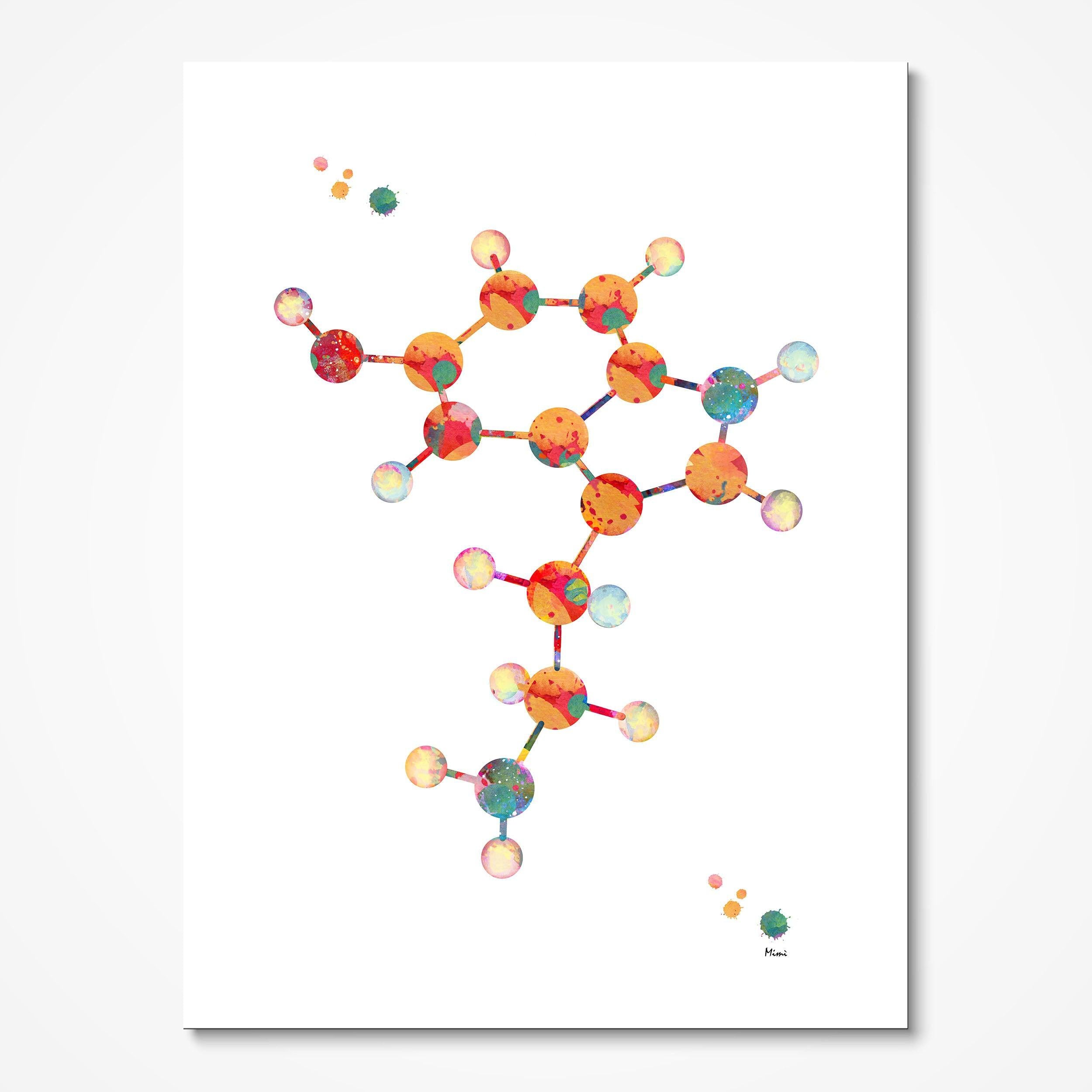 Serotonin Molecular Structure watercolor art print for science lab wall decor