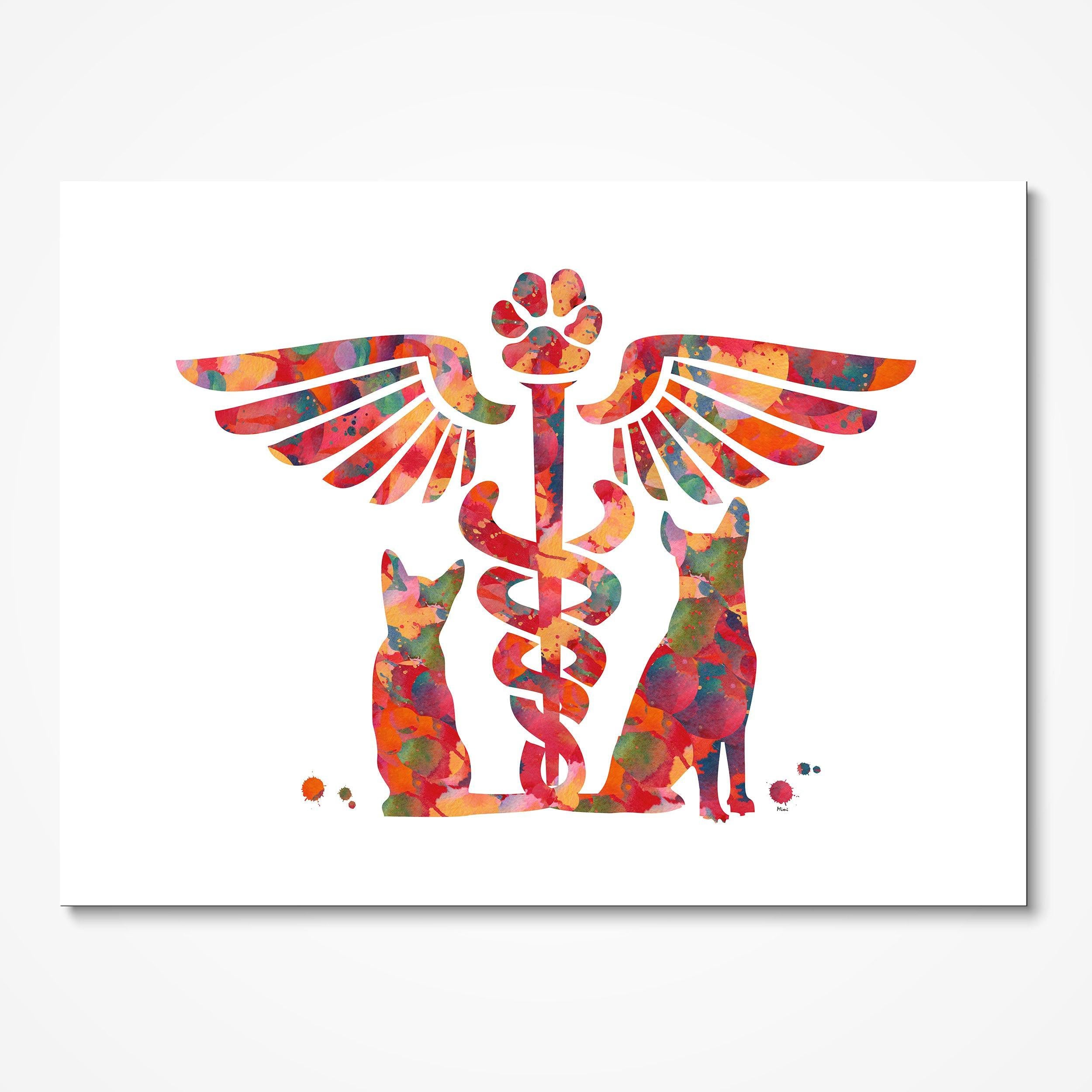 Vet Caduceus Cat & Dog watercolor art print for veterinary clinic wall decor